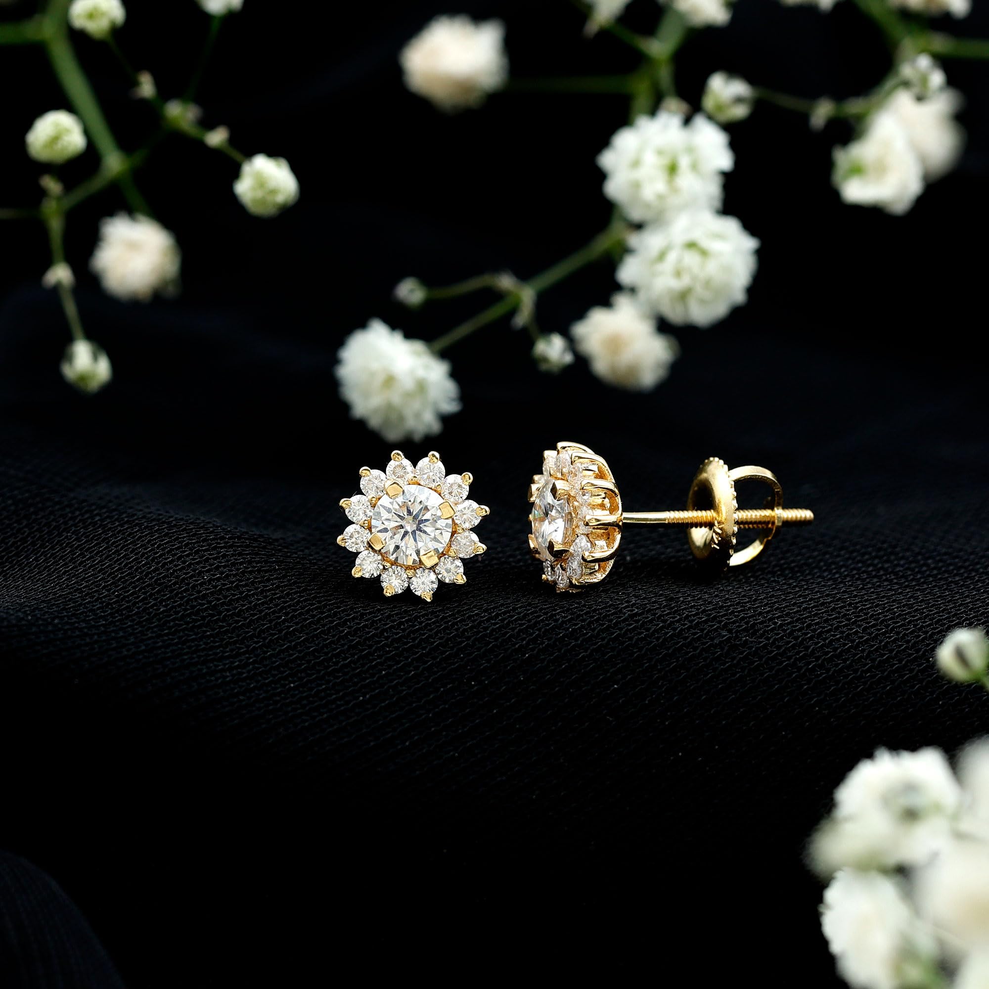 Certified D-VS1 Quality Moissanite Flower Stud Earrings for Women | Halo Engagement Earrings | Perfect Gift for Anniversary, Wedding & Special Occasions