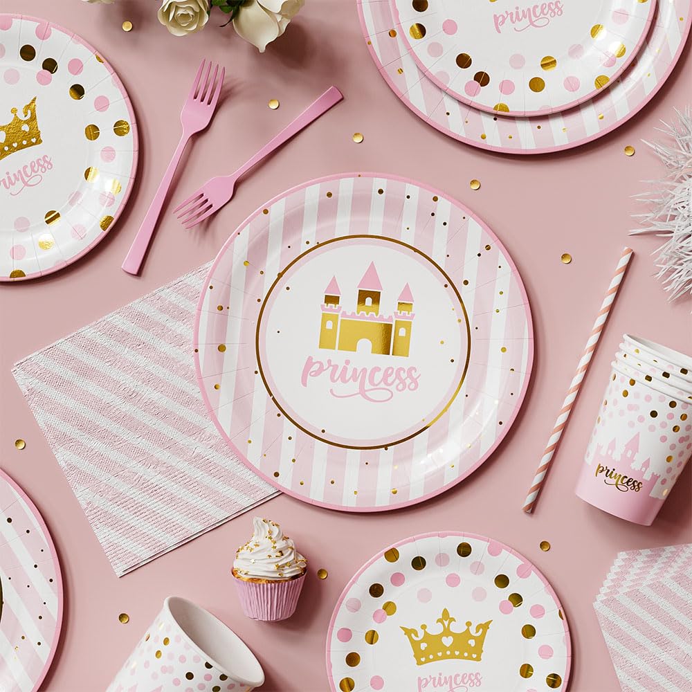 96Pcs Pink Gold Princess Birthday Party Decorations Set - Disposable Plates, Napkins, Cups, Forks & Straws - Castle Crown Theme Tableware for Girls, Baby Shower & Birthday Favors (Serves 16) - Perfect for Princess-Themed Parties, Tea Time & Special Celebrations
