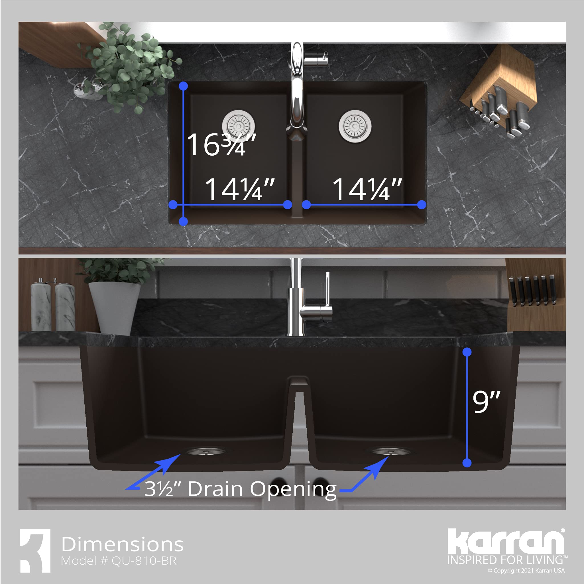 Karran QU-810 32-Inch Undermount Double Equal Bowl Quartz Kitchen Sink in Brown - Perfect for Modern Farmhouse & Contemporary Kitchen Designs
