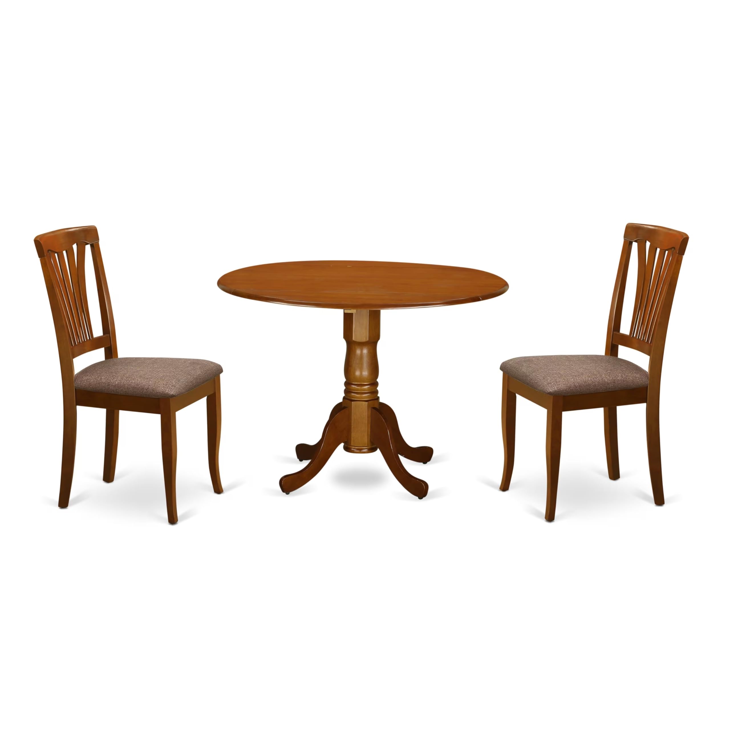 East West Furniture 3-Piece Round Dining Table Set with Drop Leaf & 2 Upholstered Chairs, 42x42 Inch, Saddle Brown - Perfect for Small Spaces, Breakfast Nooks & Cozy Apartment Dining