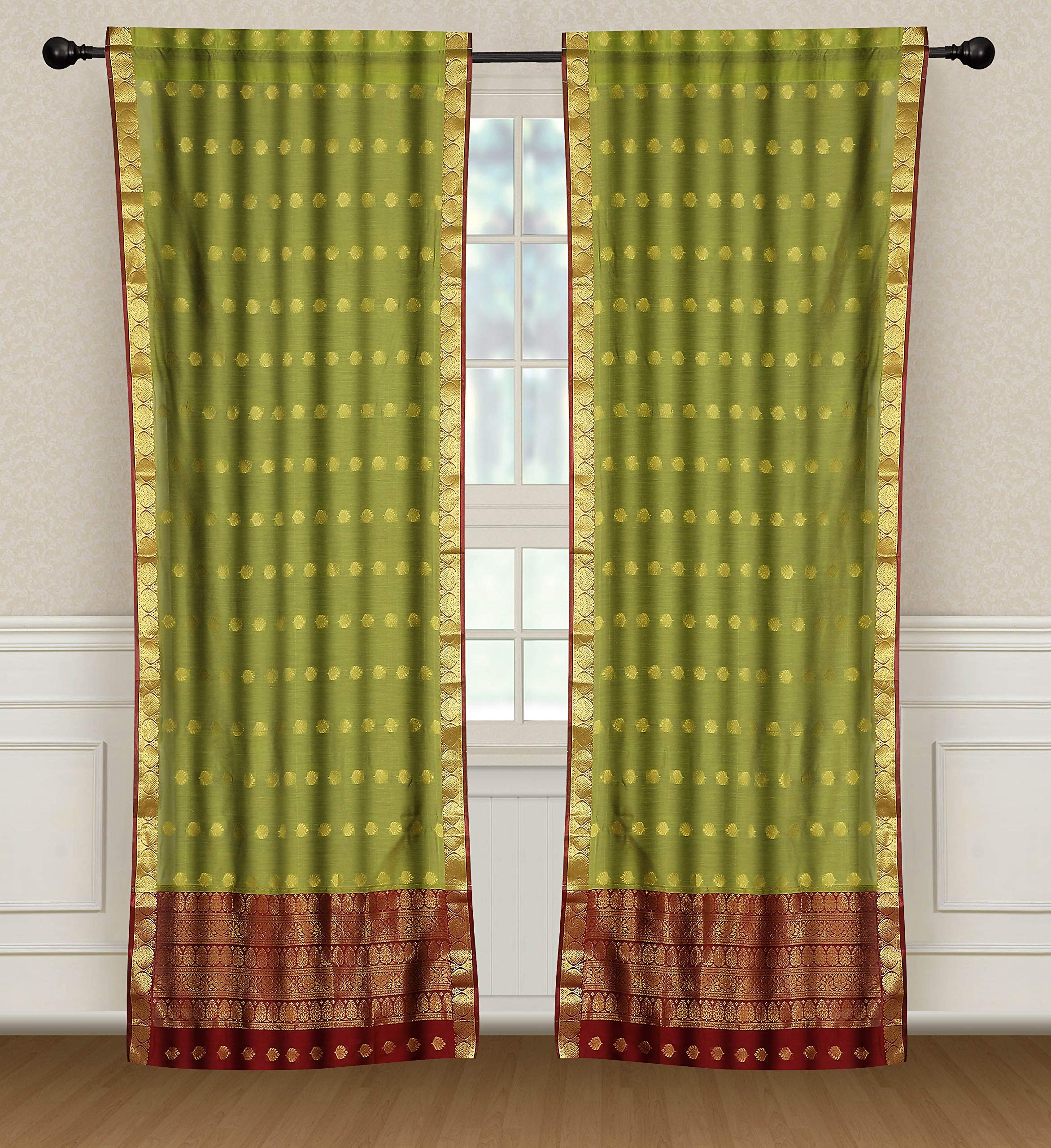 2 Lined Green Bohemian Indian Sari Curtains with Rod Pocket - 80W x 63L for Living Room, Bedroom & Dining Room Decor | Elegant Window Treatments for Home