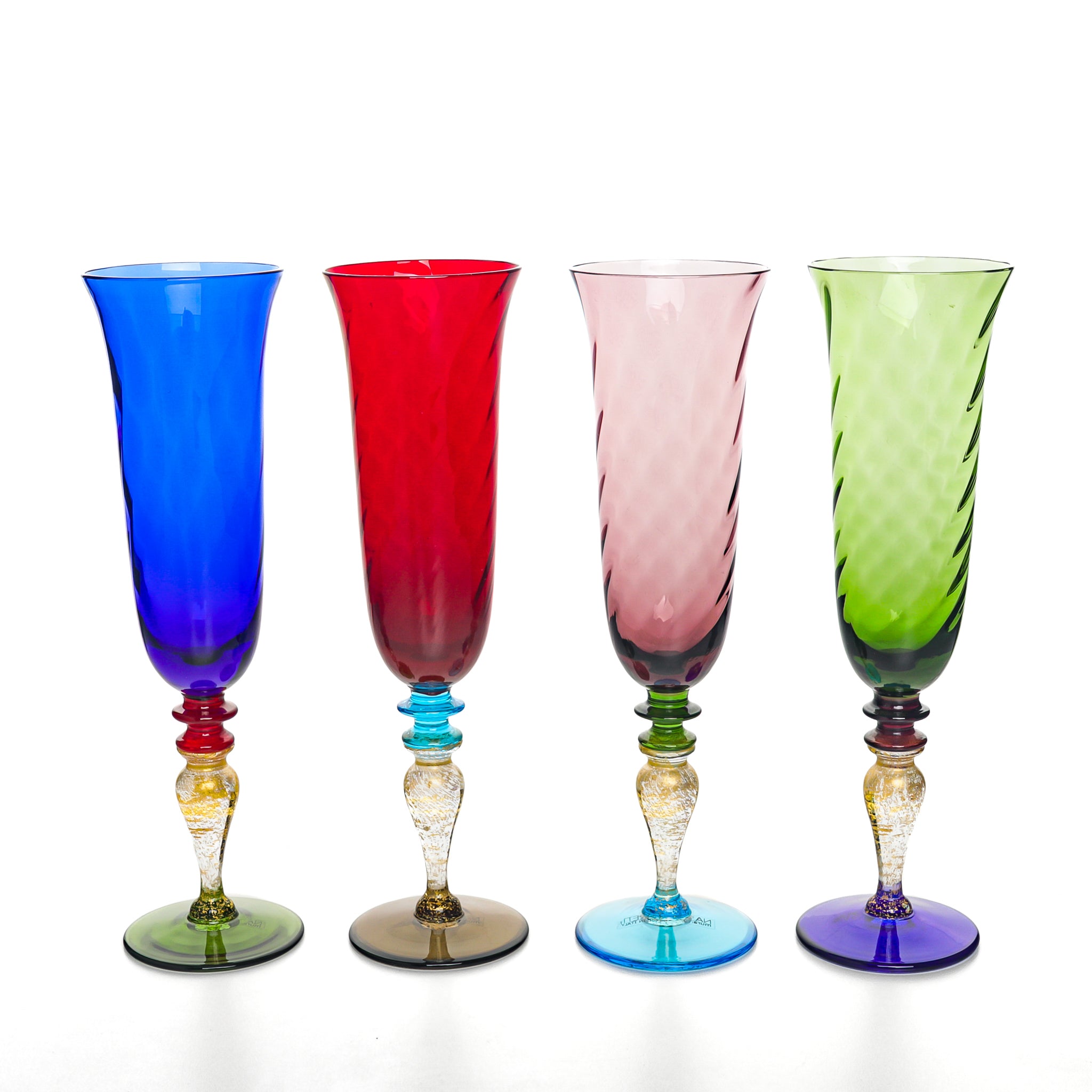 NASON MORETTI MURANO Giulia 4-Piece Flute Set - Handcrafted Italian Glassware in Vibrant Colors - Perfect for Champagne, Cocktails & Elegant Dinner Parties