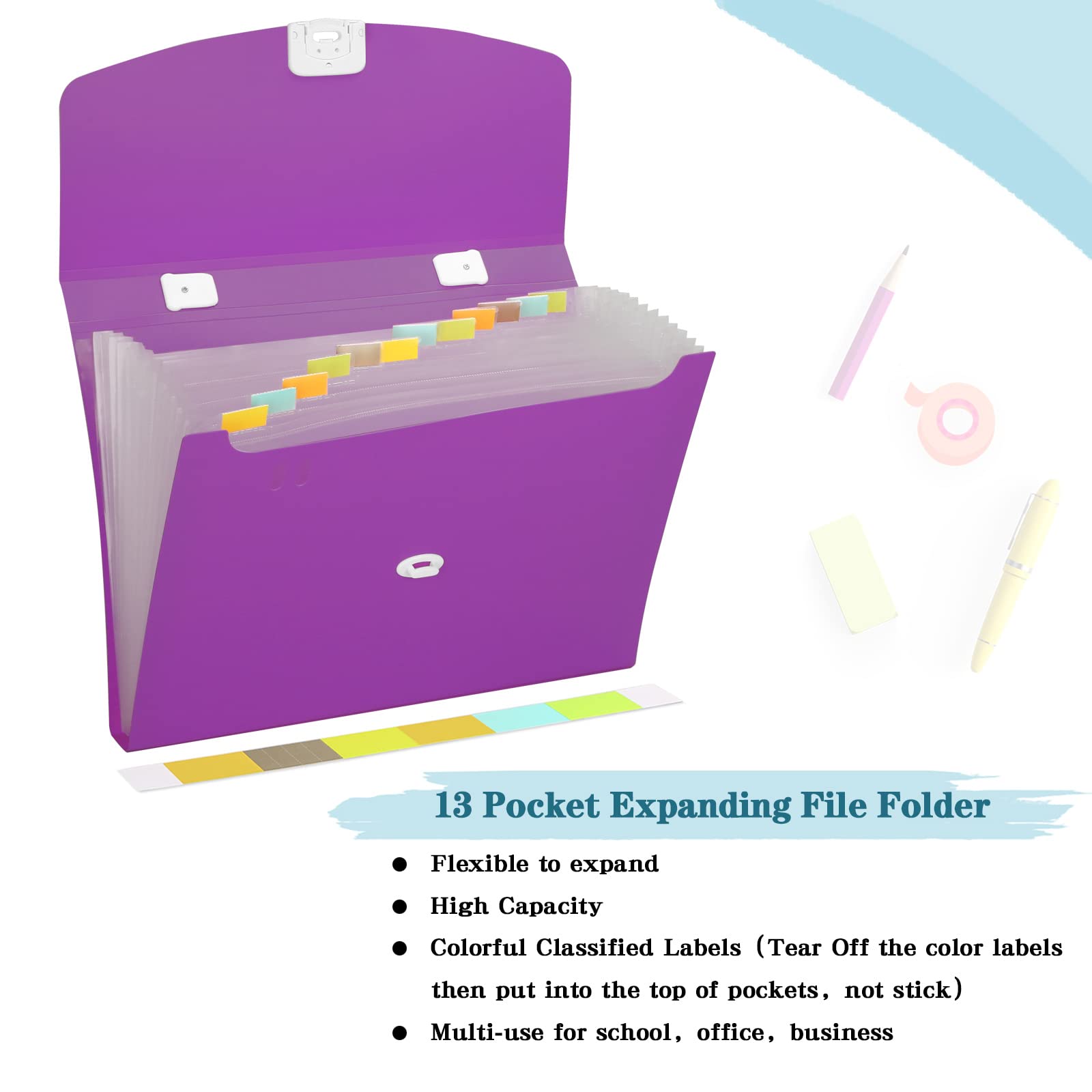 Purple Accordion Folder Letter Size - 13-Pocket Expanding File Organizer for Documents, A4 Size with Handle - Perfect for School, Office & Home Organization