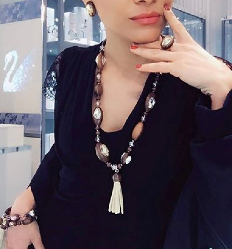 Atelier Swarovski x Fiona Kotur Walnut Wood Crystal Bead Necklace - Elegant Handmade Jewelry for Women, Perfect for Weddings, Parties & Special Occasions