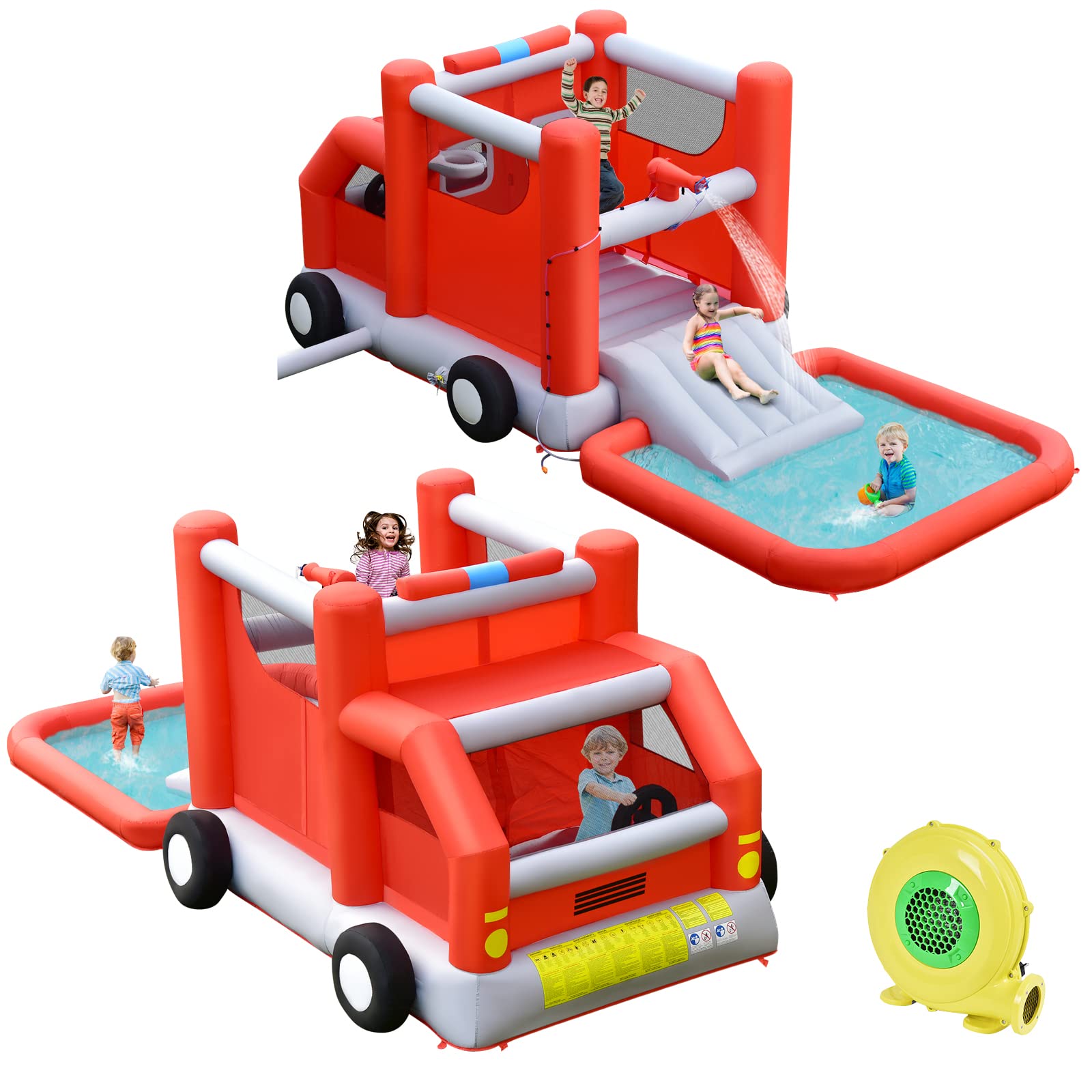 **HONEY JOY Inflatable Water Slide - Fire Truck Toddler Bouncy Water Park with Giant Splash Pool | Outdoor Water Bounce House for Kids & Adults | Backyard Summer Party & Birthday Fun (Includes 480W Blower)**
