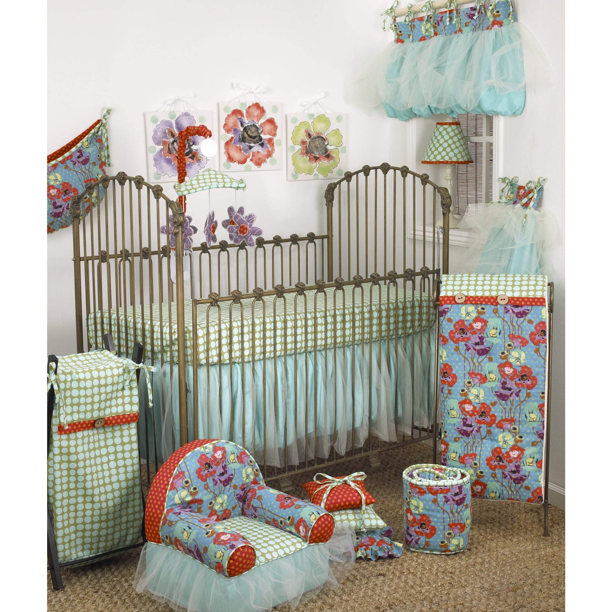7-Piece Cotton Bedding Set for Girls - Multicolor Floral & Polk Dot Design in Blue, Green, Orange, Purple | Soft & Comfortable Nursery Bedding for Baby Girls | Perfect for Cribs, Toddler Beds & Nursery Decor