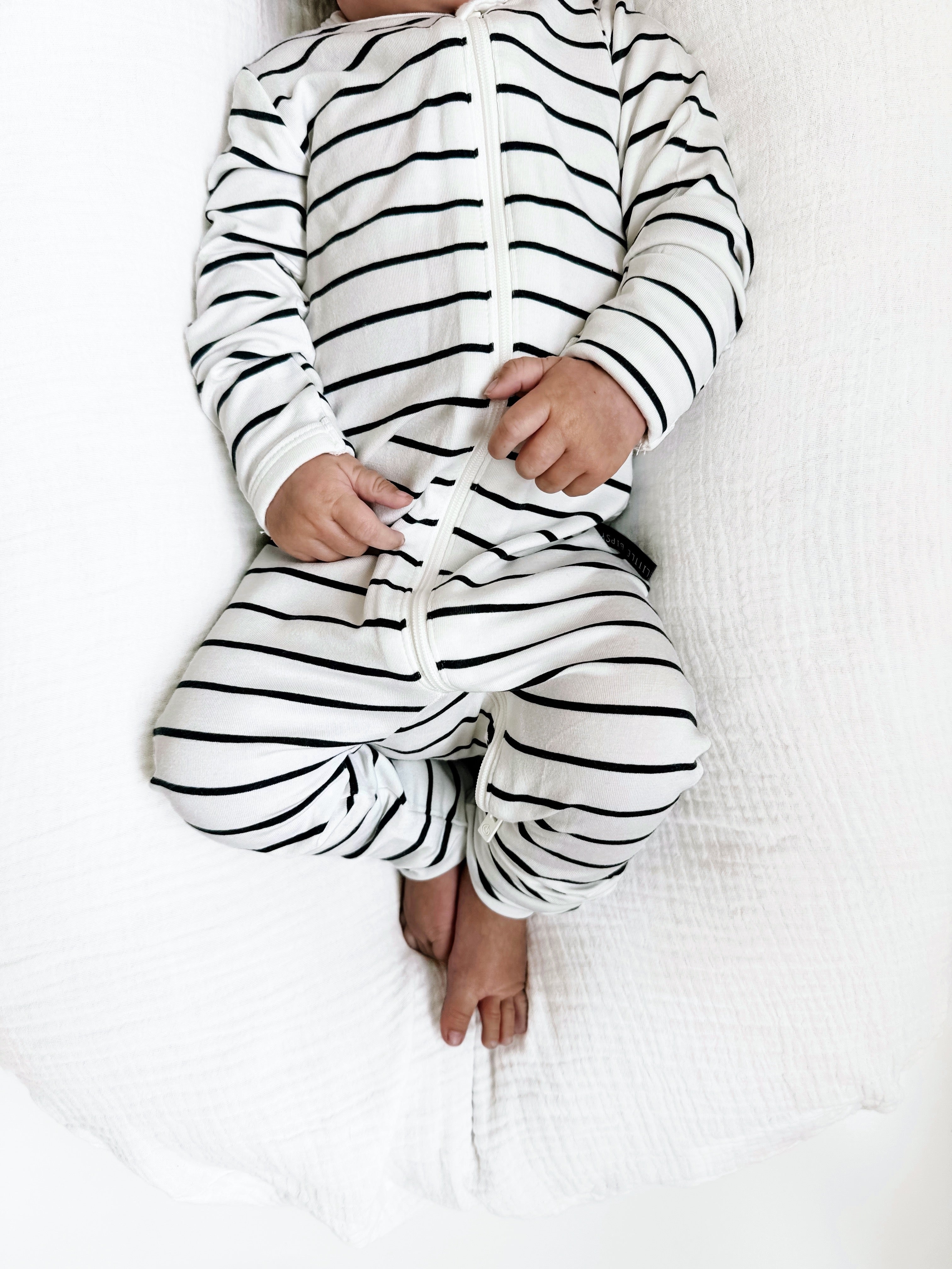 LB x Baby Breez Long Sleeve Pinstripe Romper Pajamas for Boys & Girls - Soft Cotton Sleepwear, White and Black Striped - Perfect for Bedtime, Lounging & Family Photos