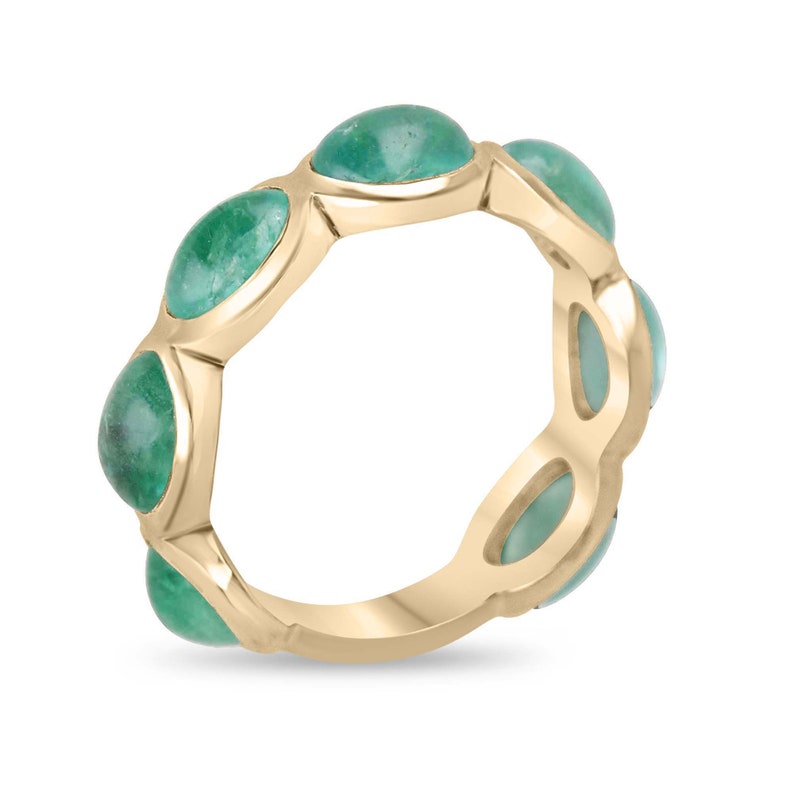 14K Gold Oval Emerald Eternity Band Ring - 3.60tcw East-West Cabochon Cut, Medium Green Gemstone Jewelry for Women, Perfect for Weddings, Anniversaries & Special Occasions
