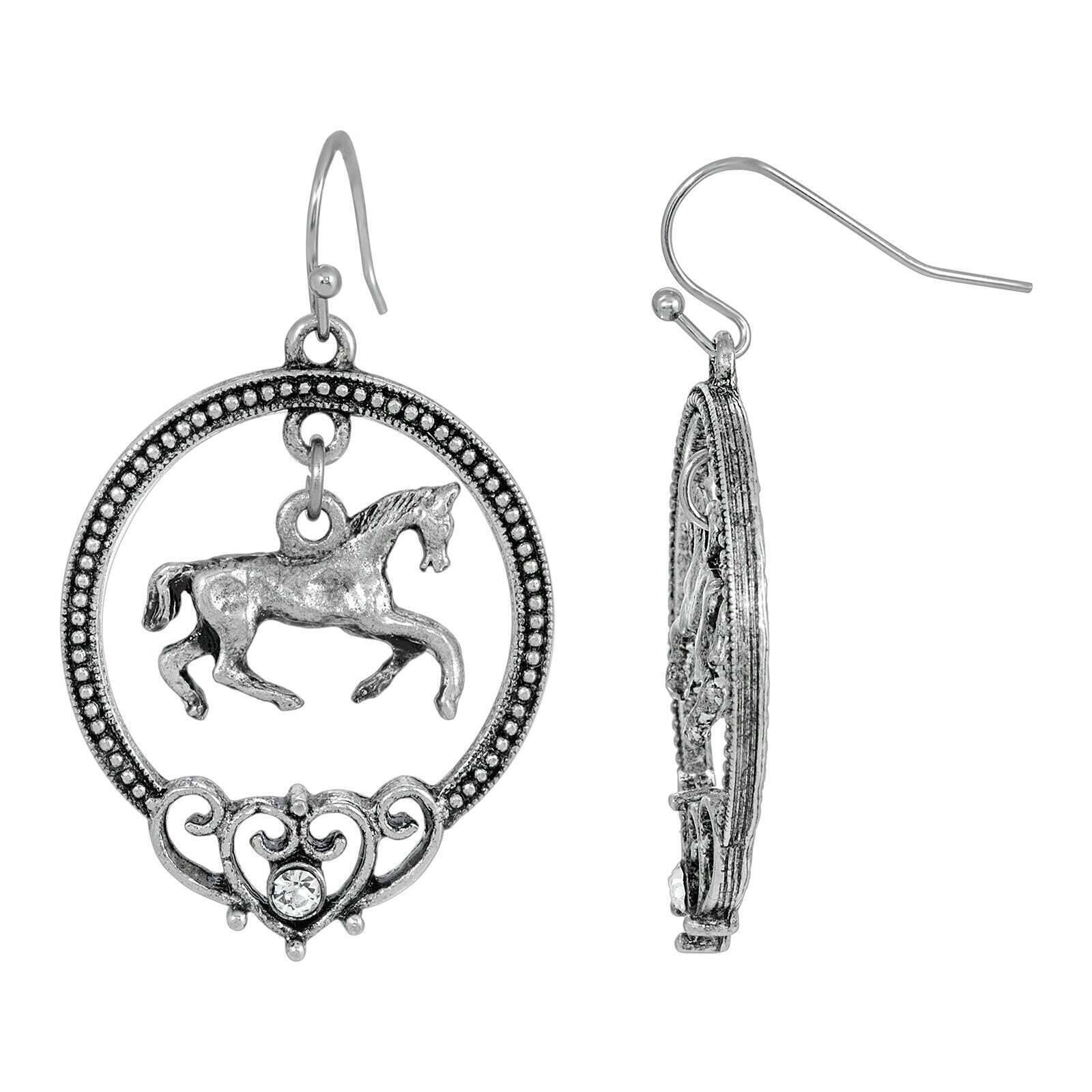 Antiqued Pewter Galloping Horse Drop Earrings - Vintage 1928 Jewelry for Women - Perfect for Parties, Weddings & Special Occasions