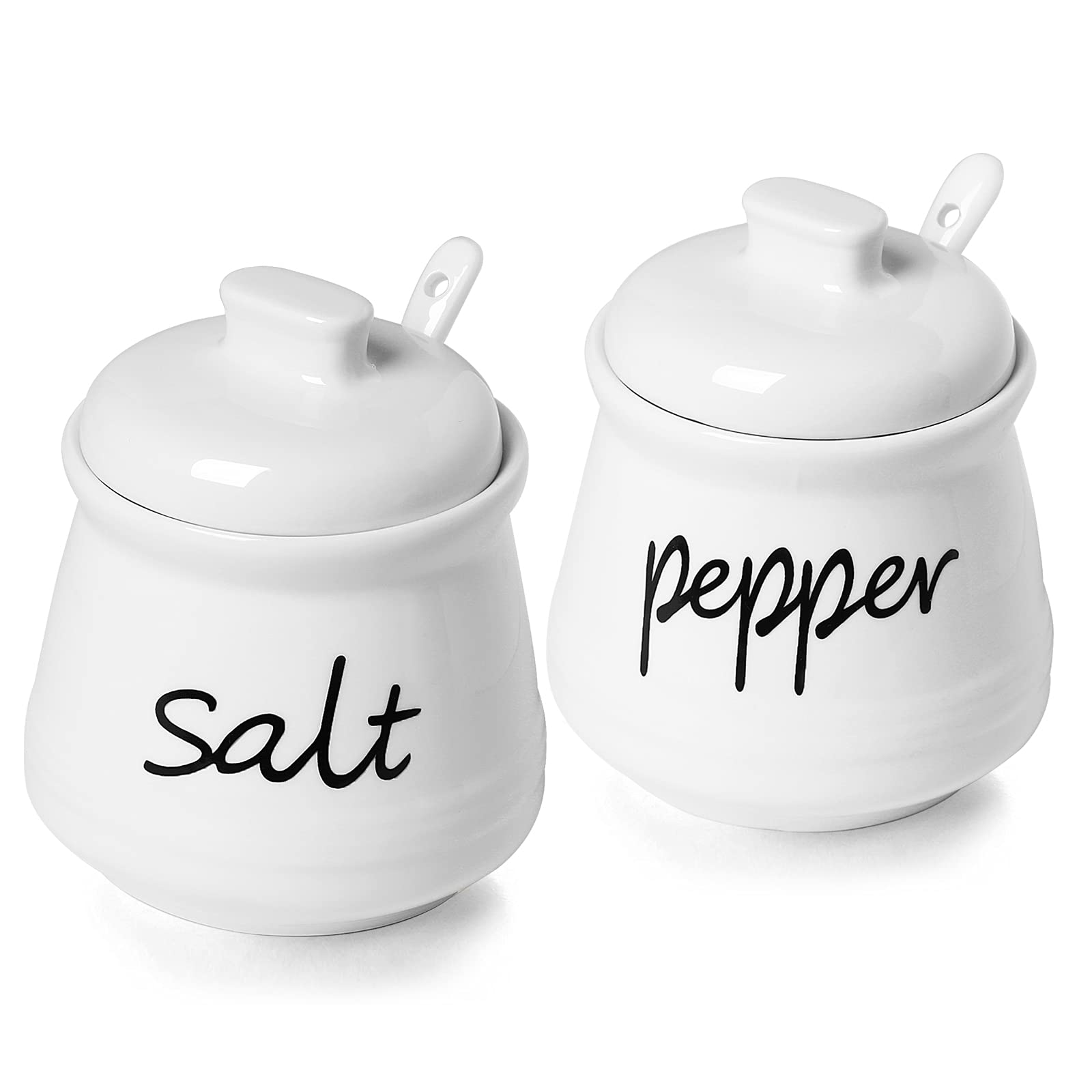ONTUBE 12oz Ceramic Salt and Pepper Shakers with Lid & Spoon - Airtight Spice Containers for Kitchen, Dining Table, and Restaurant Use (White)