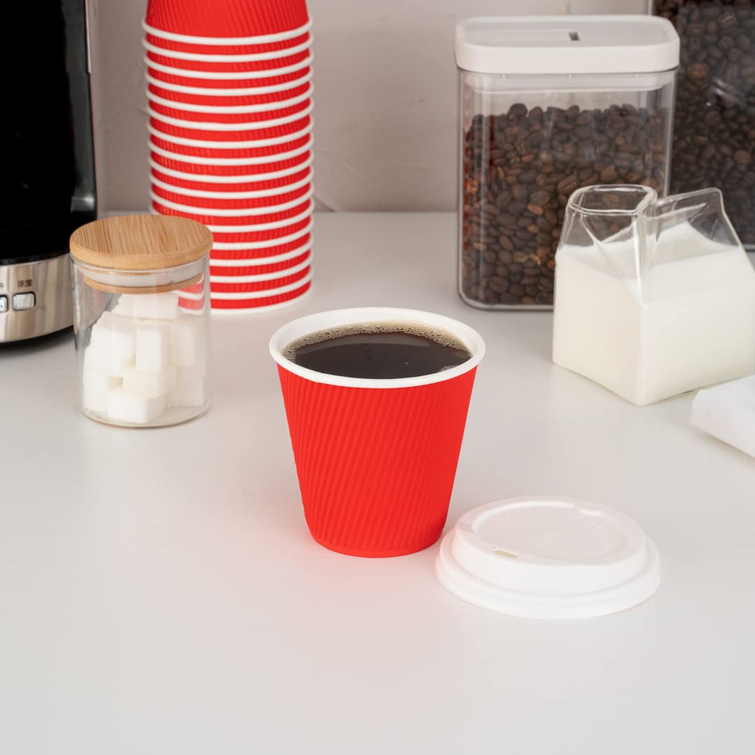 Restaurantware 8oz Insulated Coffee Cups with Lids - 400 Pack Leakproof Ripple Wall Hot Cups | Disposable Red Paper Coffee Cups for Tea, Hot Cocoa & Lattes | Perfect for Cafes, Offices & Catering Events