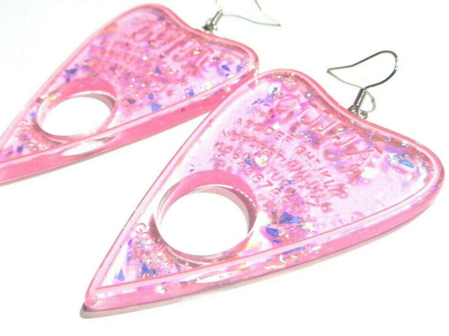 Pink Translucent Holographic Ouija Board Planchette Earrings - Hypoallergenic Ear Hooks for Sensitive Ears - Pastel Goth Jewelry for Witchy Aesthetic & Spiritual Style - Perfect for Halloween, Witchcraft, and Gothic Fashion