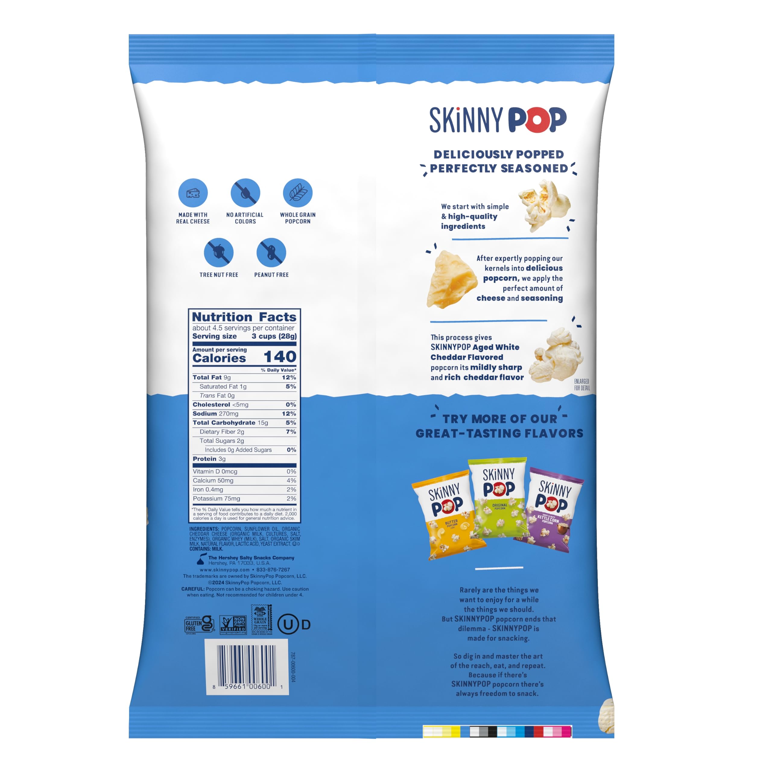 SkinnyPop Aged White Cheddar Popcorn - Gluten Free, Non-GMO, Healthy Snack - 12 Pack (4.4 oz Bags) - Perfect for Movie Nights, Office Snacks & School Lunches