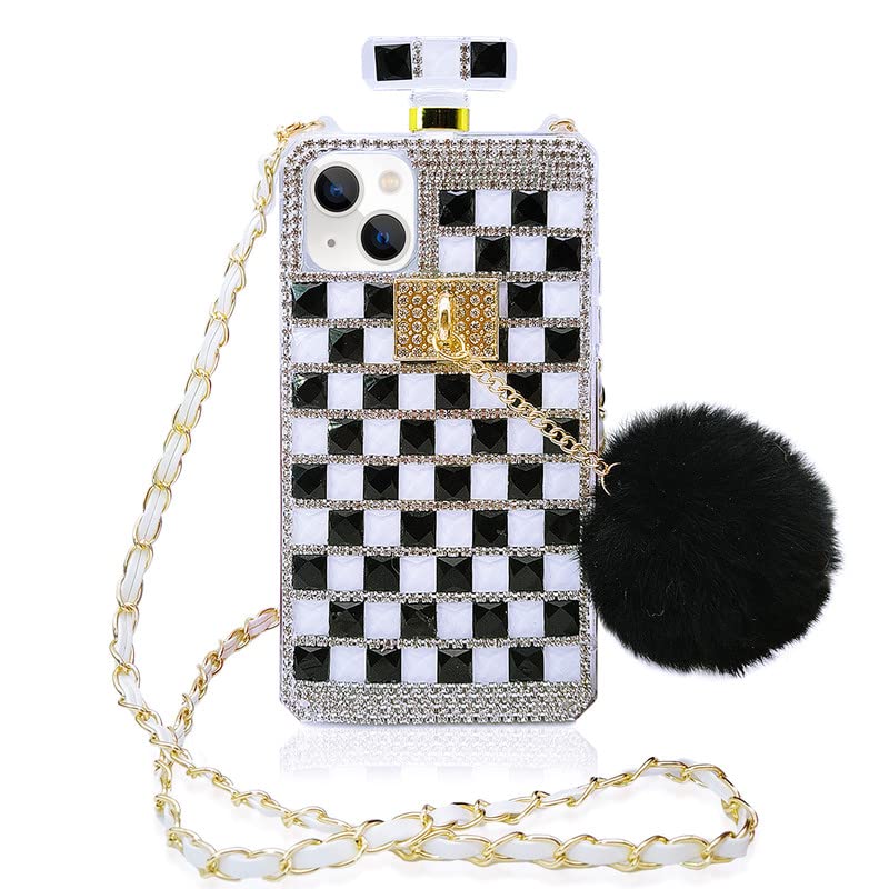 Luxury Bling Diamond Rhinestone Bow Perfume Bottle Phone Case for iPhone 13 (6.1 inch) - Soft TPU Back Cover with Furry Plush Ball, Glitter Gemstones & Lanyard - Perfect for Parties, Gifts & Fashion Accessories
