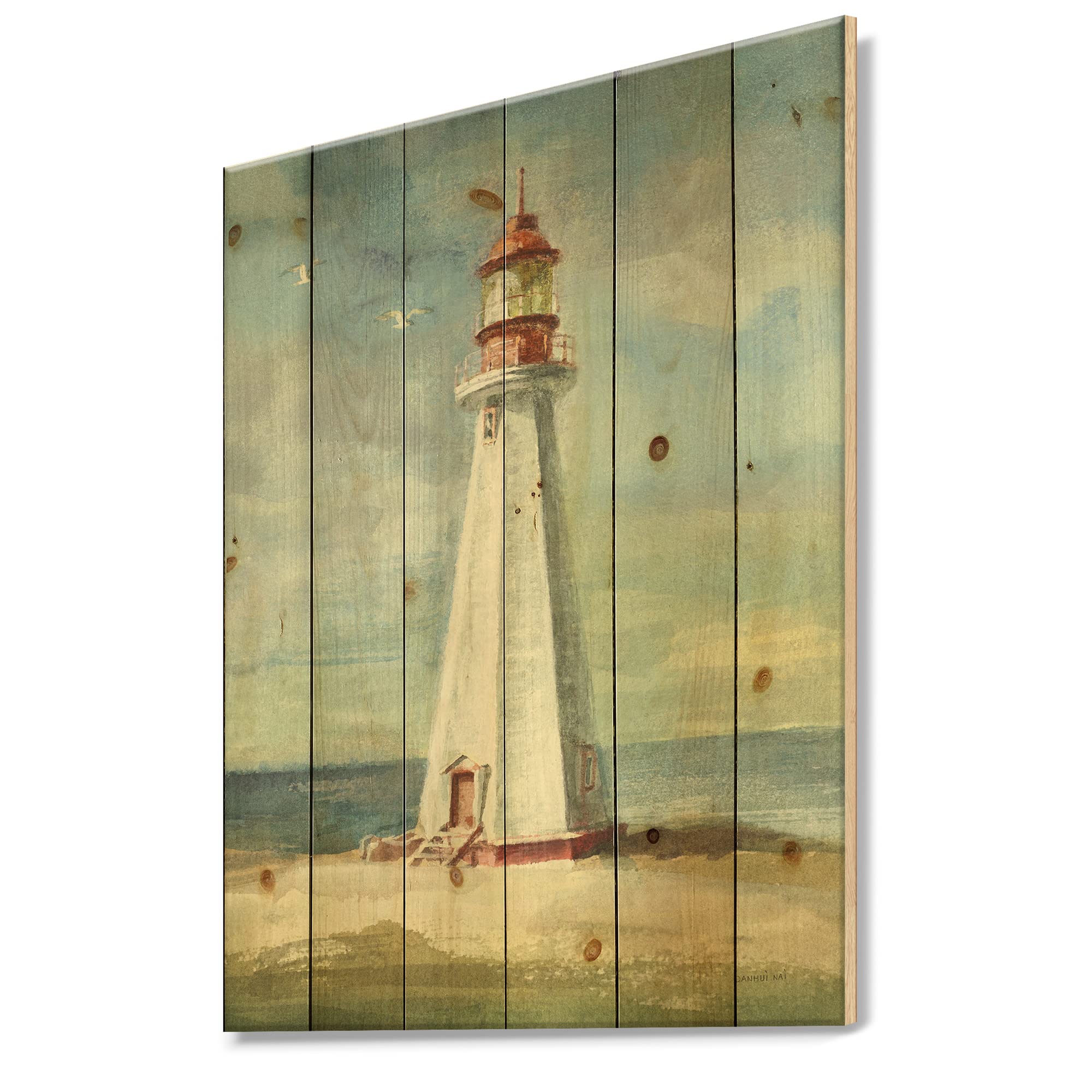 Nautical Lighthouse III Coastal Wood Wall Art - Large Blue Beach Wood Wall Decor Printed on Natural Pine - Perfect for Beach House, Living Room & Coastal Home Decor