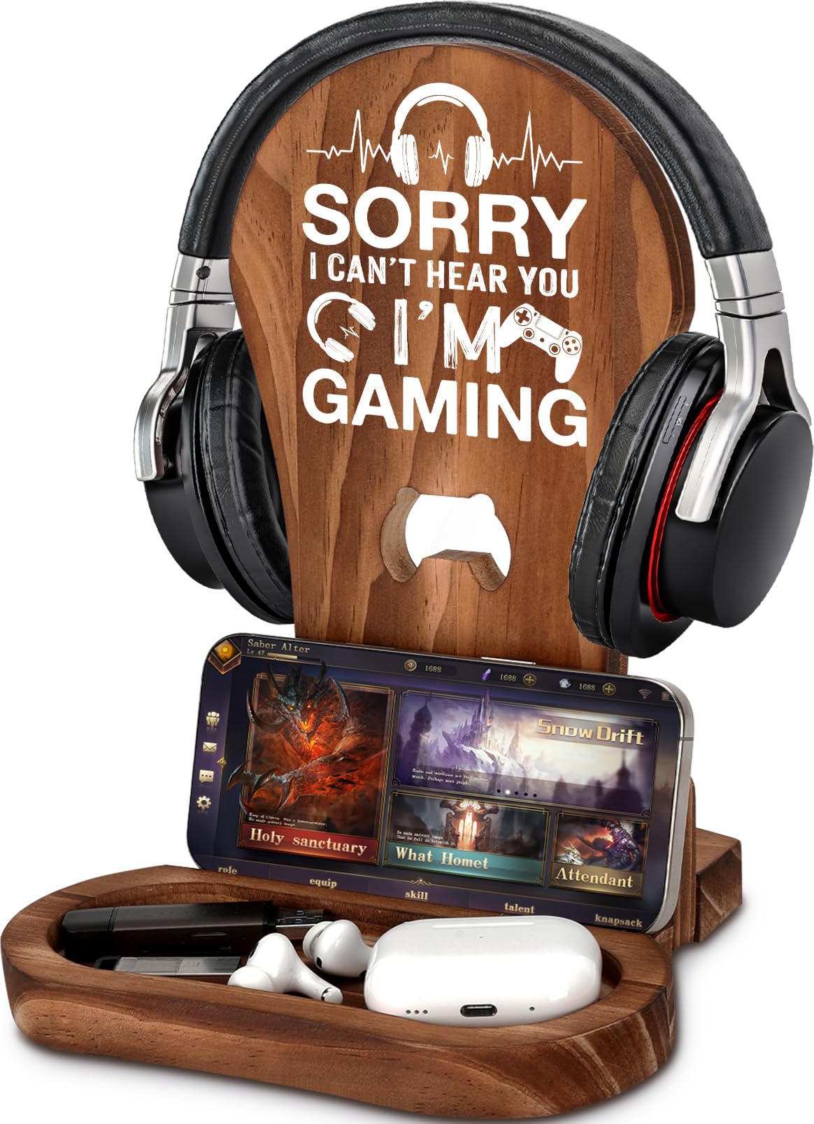 Premium Wooden Gaming Headset Stand - Perfect Gamer Gift for Teen Boys, Men, Boyfriends & Husbands - Gaming Room Decor & Headphone Holder - Ideal for PC, PS5, Xbox Setup - 'Sorry I Can't Hear You I'm Gaming' Funny Gift