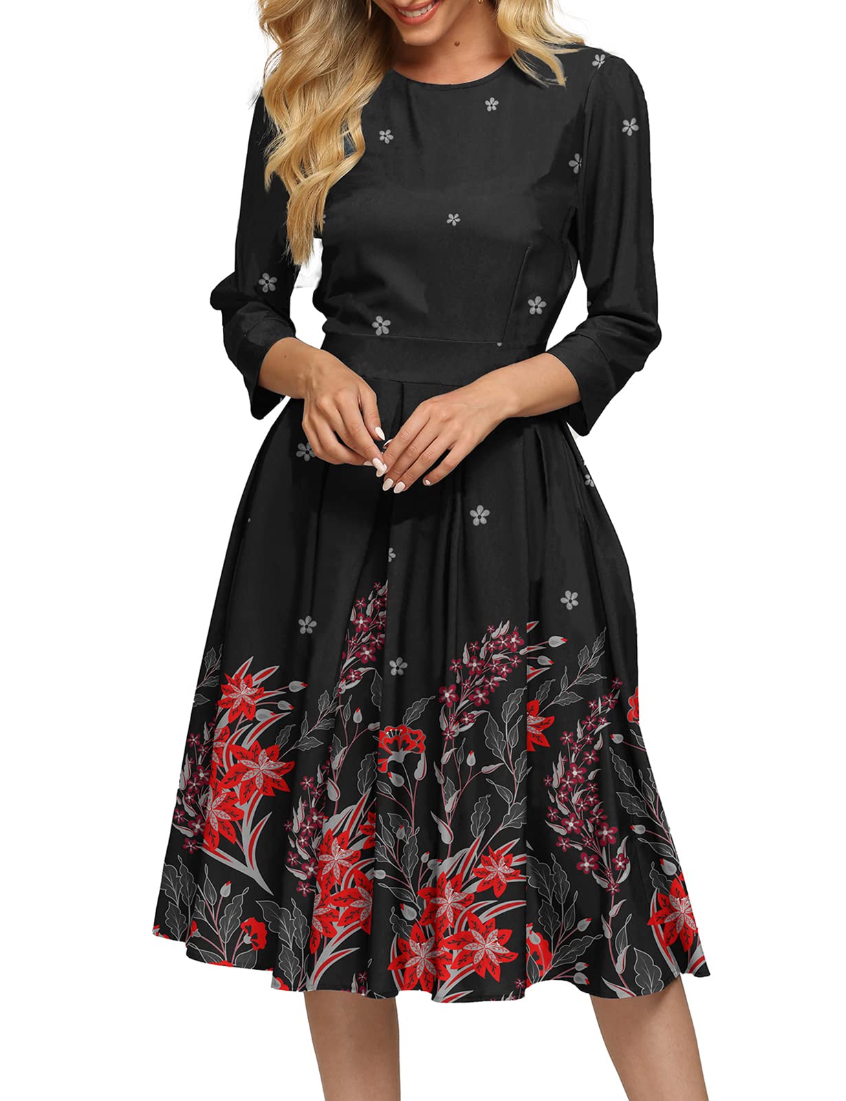 Vintage Floral Midi Dress for Women - Elegant 3/4 Sleeve Evening Gown | Perfect for Cocktail Parties, Weddings & Special Occasions