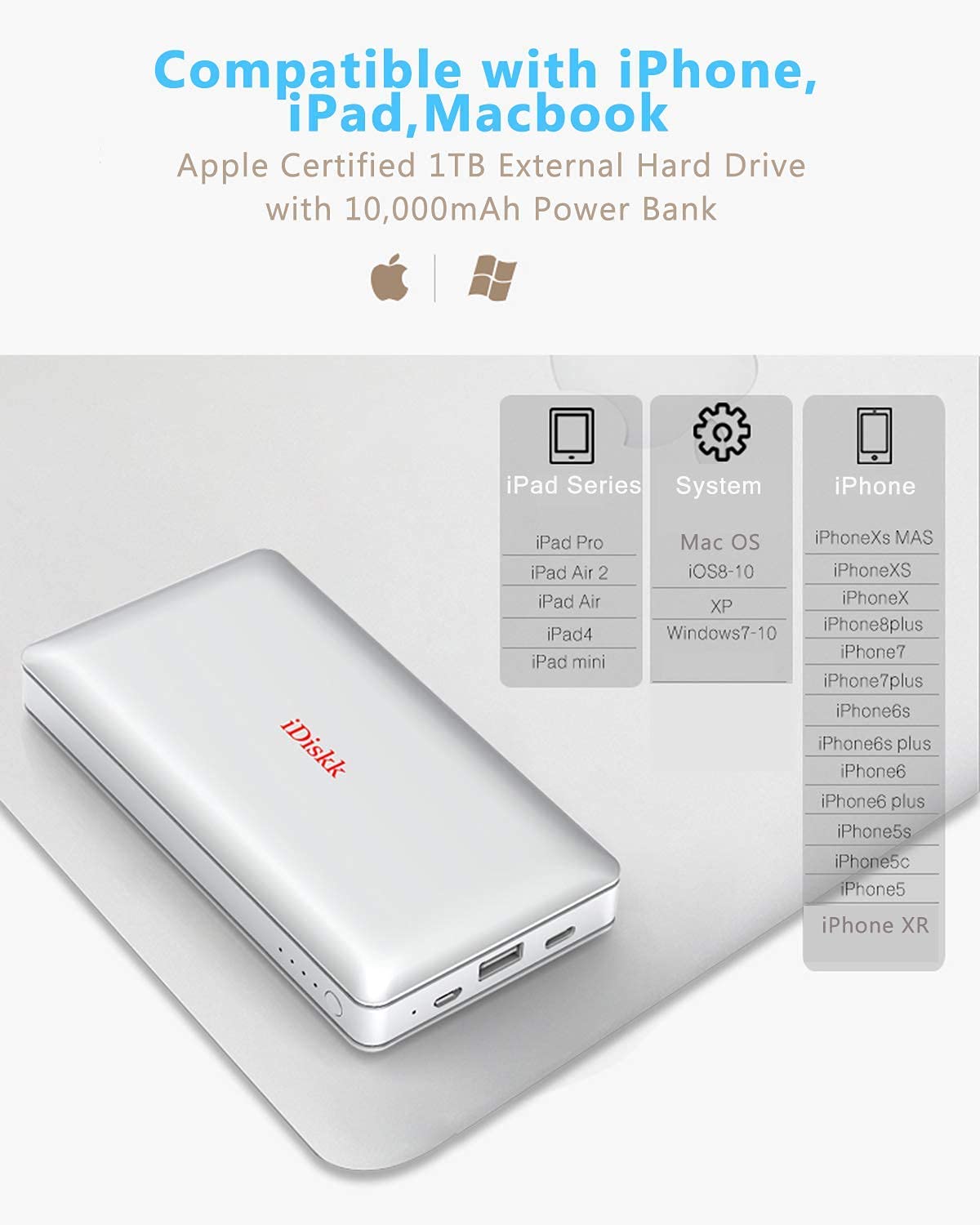 iDiskk Apple MFi Certified 1TB External Hard Drive for iPad & iPhone - Photo Stick USB Storage for iPhone 16/15/14/13/12 Pro Max/11 Pro/X/XR, Android, Mac, iMac & PC - 10000mAh Power Bank - Perfect for Travel, Photography & Data Backup