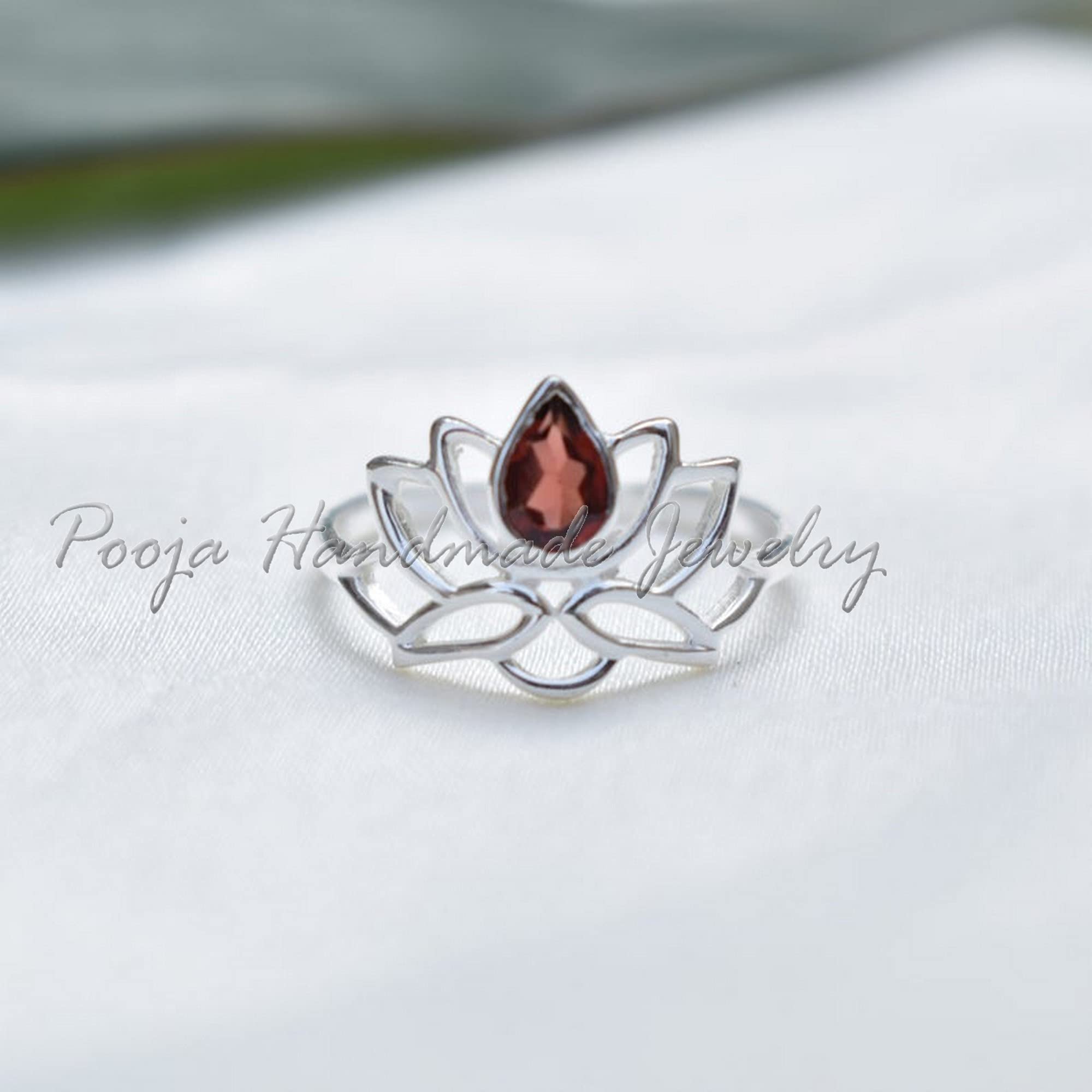 Natural Garnet Ring 925 Sterling Silver Flower Lotus Dainty Everyday Statement Pinky Ring for Women - Perfect Promise & Anniversary Gift, Boho Style Jewelry for Daily Wear & Special Occasions