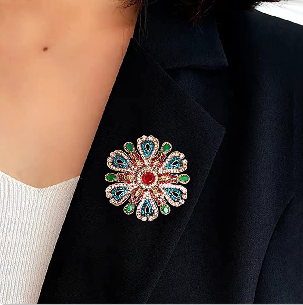 Elegant Rhinestone Baroque Flower Brooch Pin for Women - Red & Green Crystal Snowflake Lapel Pin | Perfect for Dresses, Suits, Weddings & Anniversary Gifts