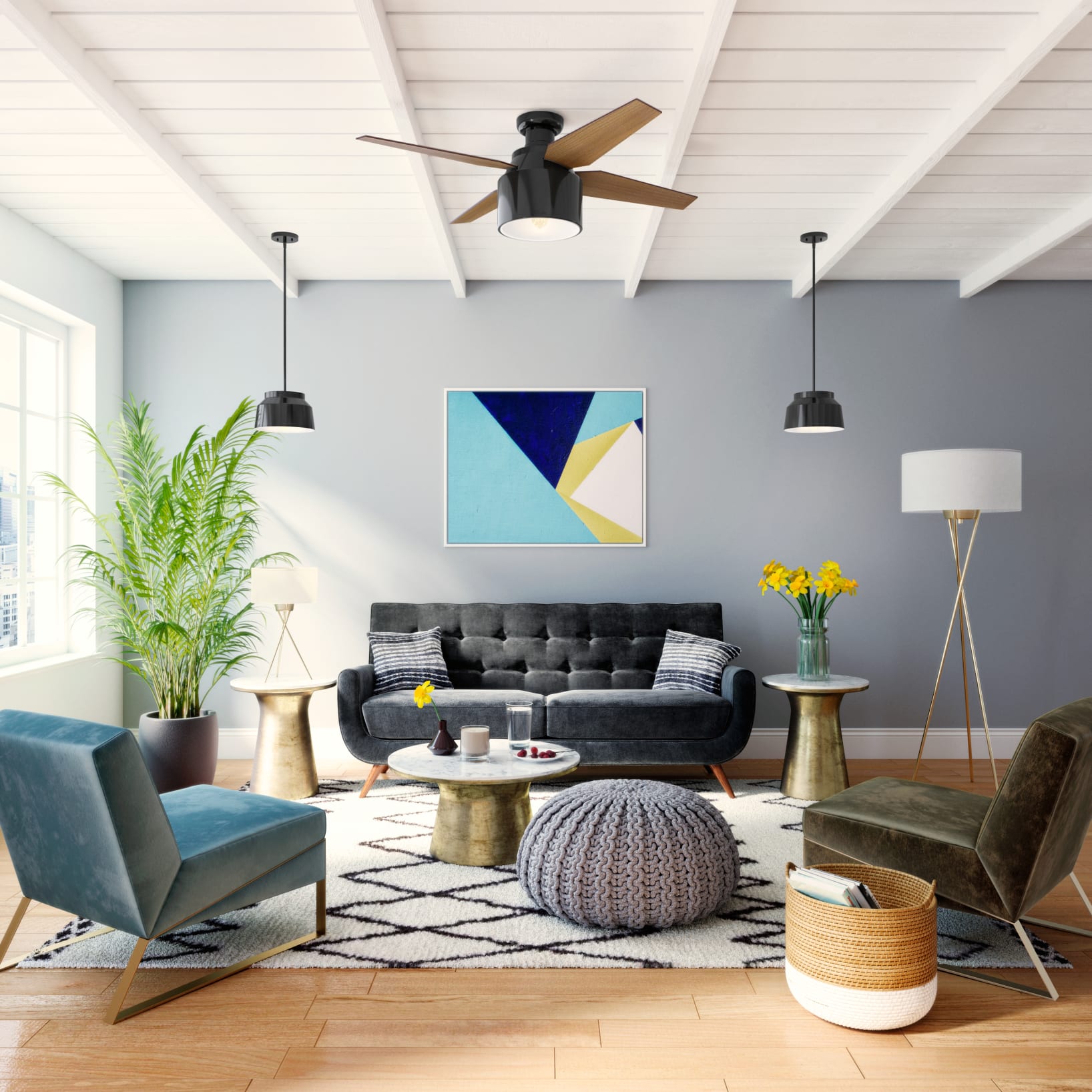 Hunter 52 Inch Cranbrook Low Profile Ceiling Fan with Light Kit - Gloss Black Finish - Energy Efficient Quiet DC Motor - Perfect for Bedroom, Living Room & Indoor Spaces