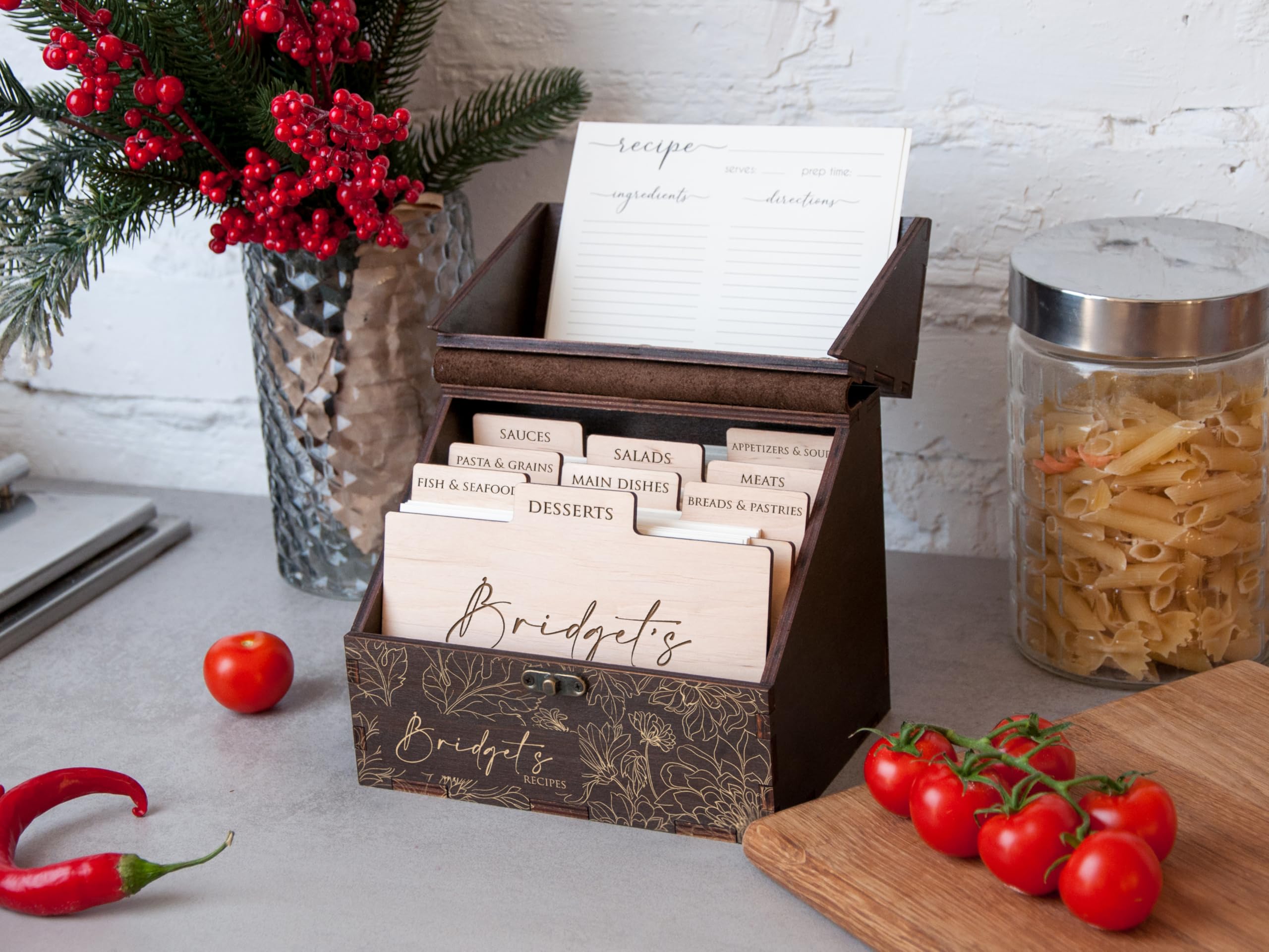 Handmade Wooden Recipe Box with Recipe Cards & Dividers - Custom Family Recipe Organizer Kitchen Décor - Perfect Birthday, Christmas Gift for Daughter, Bridal Shower Gift for Bride to Be - Ideal for Storing & Organizing Family Recipes in Kitchen
