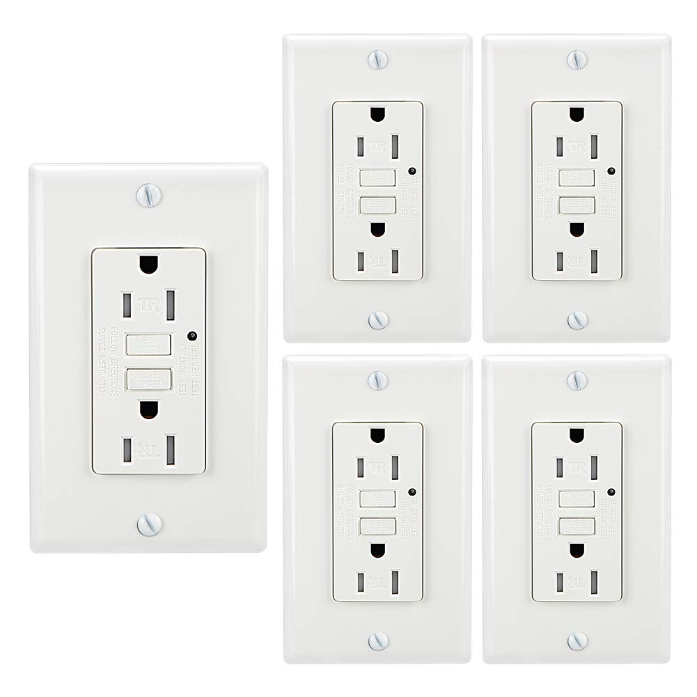 15A 125V TR/Tamper-Resistant GFCI Outlet with Green LED Indicator - 2 Wall Plates (Standard & Screwless) - ETL Listed - White (5 Pack) - Ideal for Home, Office & Commercial Electrical Safety