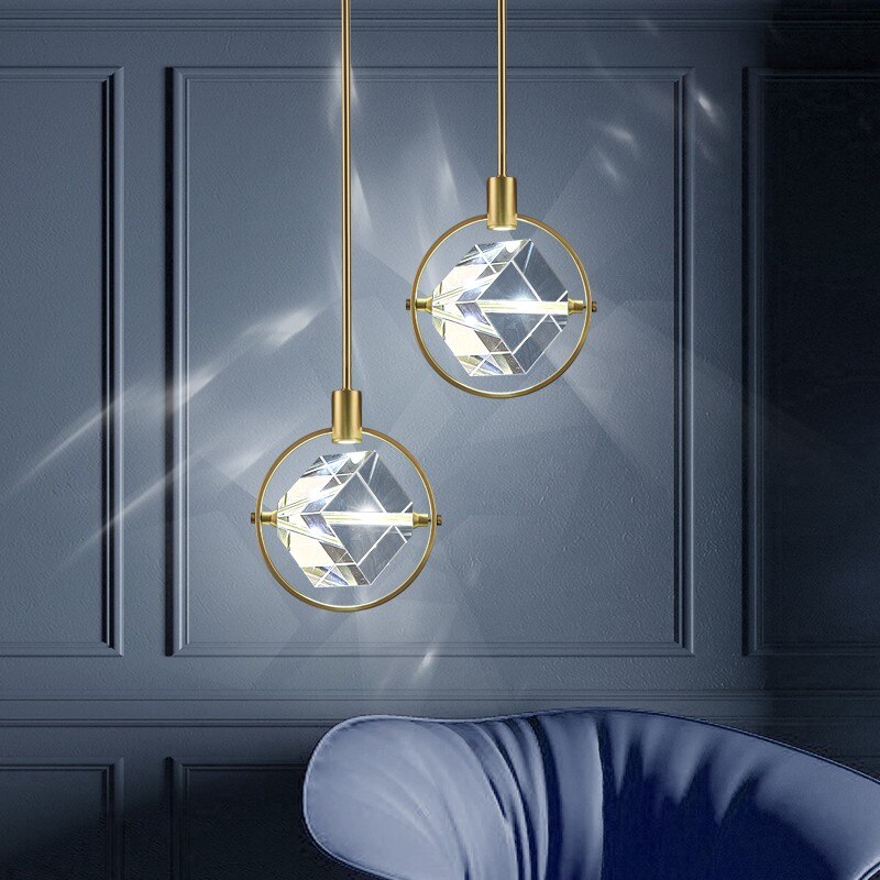 Modern Crystal Cube LED Rotating Pendant Light - Dimmable Chandelier for Dining Room, Bedroom & Living Room Decor