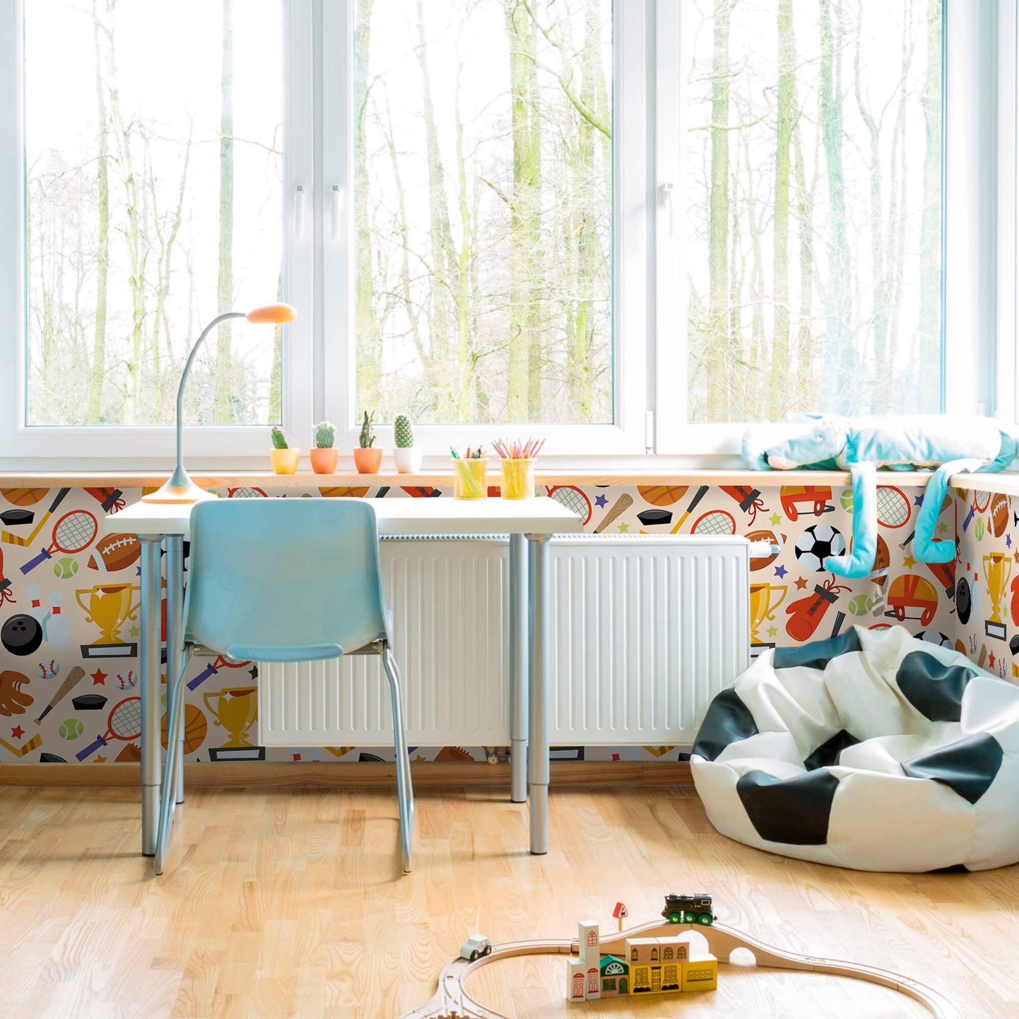 Beige and Black Sports Themed Kids Removable Peel & Stick Wallpaper - Perfect for Nursery, Playroom, and Bedroom Decor