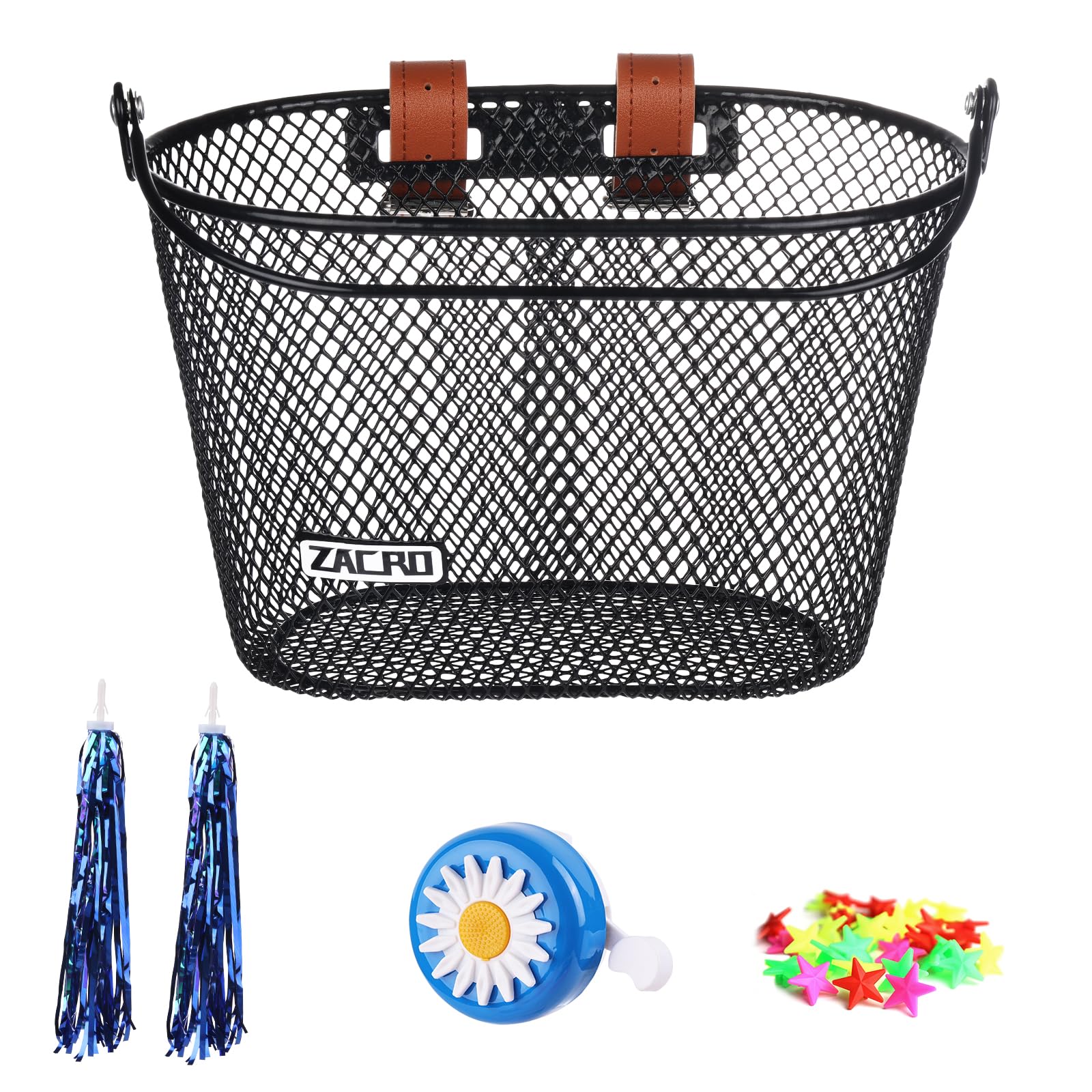 **Upgraded Zacro Kids Bike Basket with Bell & Streamers - Durable Bicycle Basket for Boys & Girls - Perfect for Toddler Bikes & Scooters - Ideal for School, Park Rides & Outdoor Adventures**