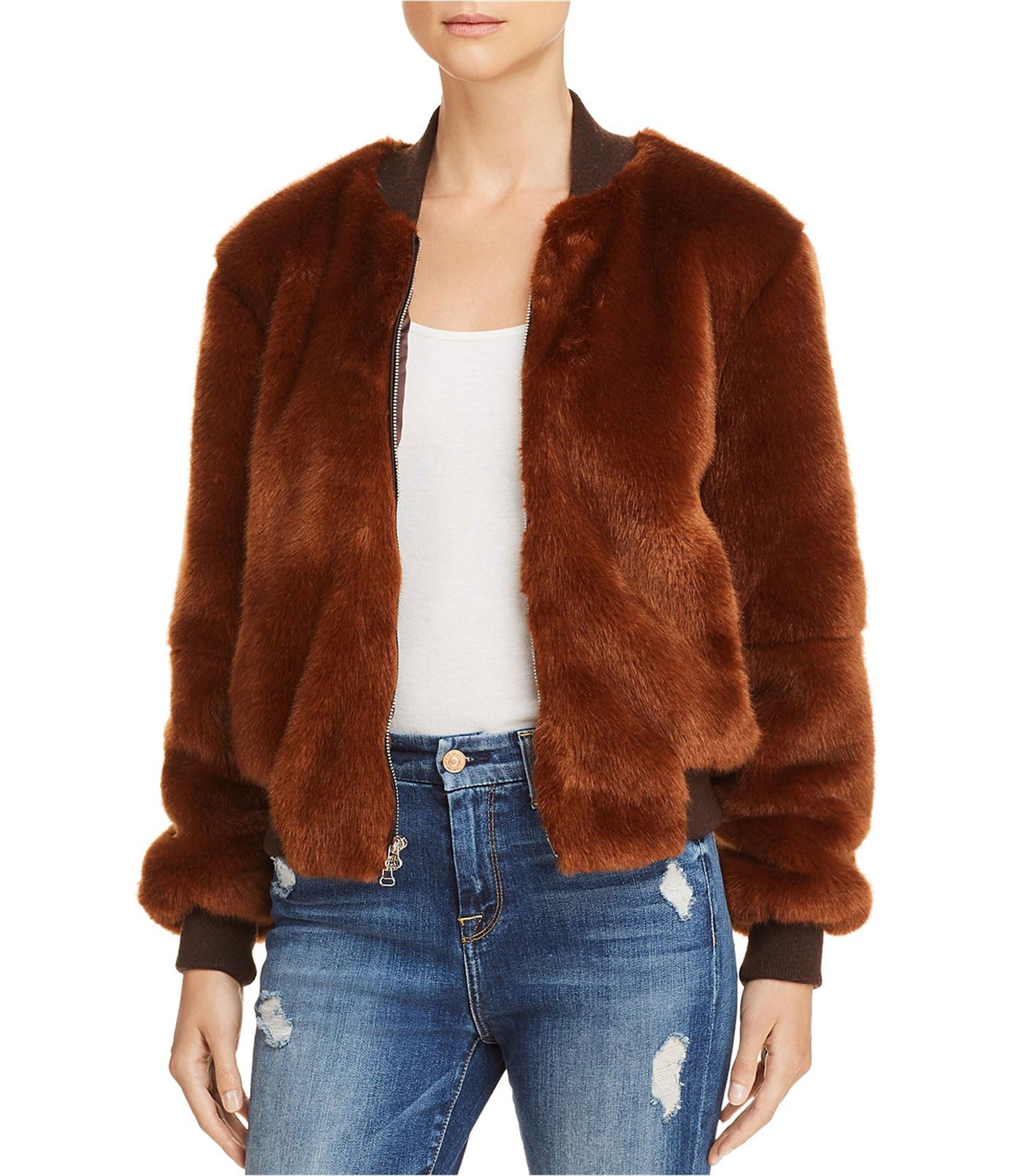Elizabeth & James Women's Ellington Faux Fur Bomber Jacket - Brown (S) | Cozy Winter Outerwear for Casual & Evening Wear