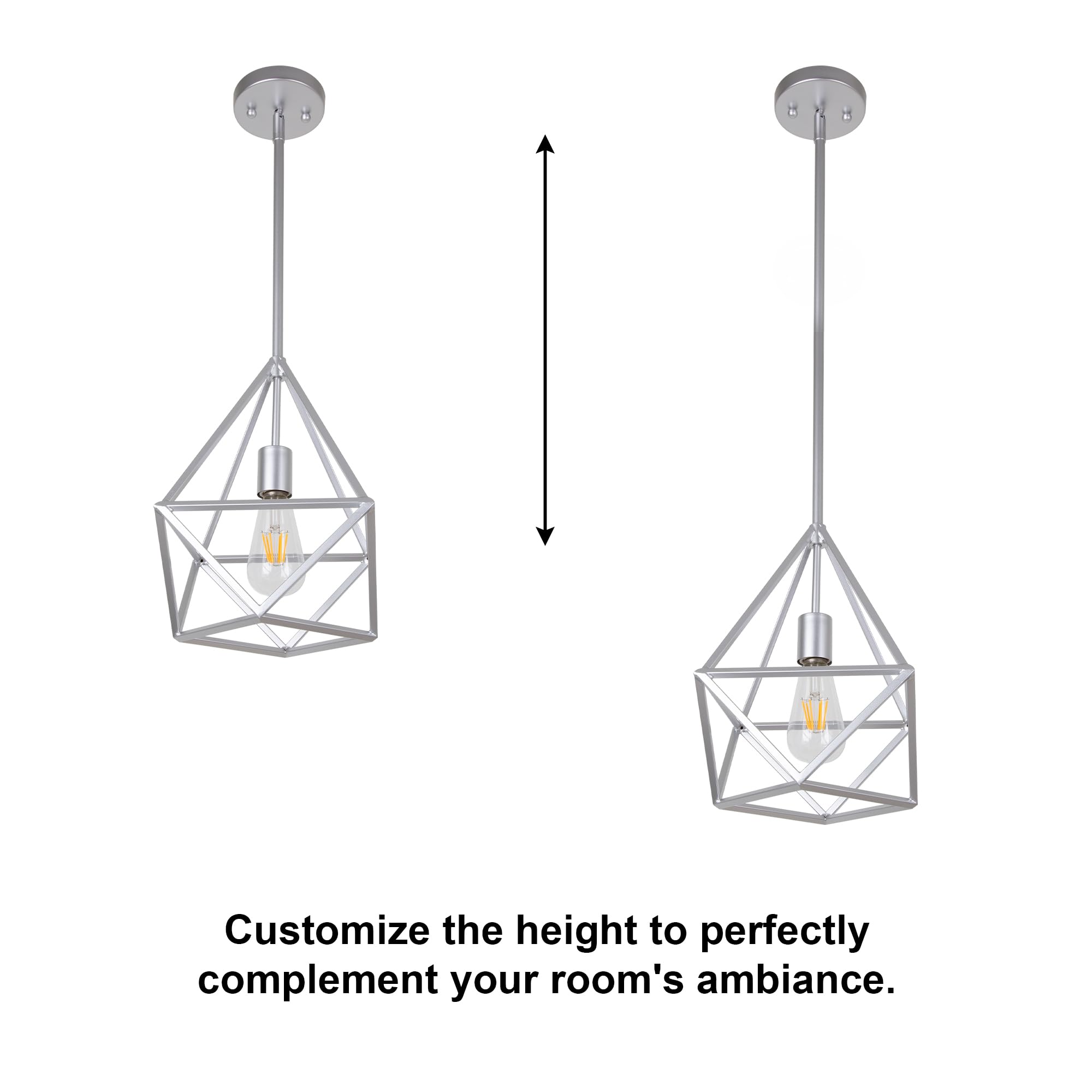 Modern Geometric Pendant Light - Adjustable Silver Hanging Light Fixture for Kitchen Island, Dining Room, Foyer & Entryway | Open Cage Design with 1 Light & Adjustable Cord | Perfect for Contemporary Home Decor & Restaurant Lighting