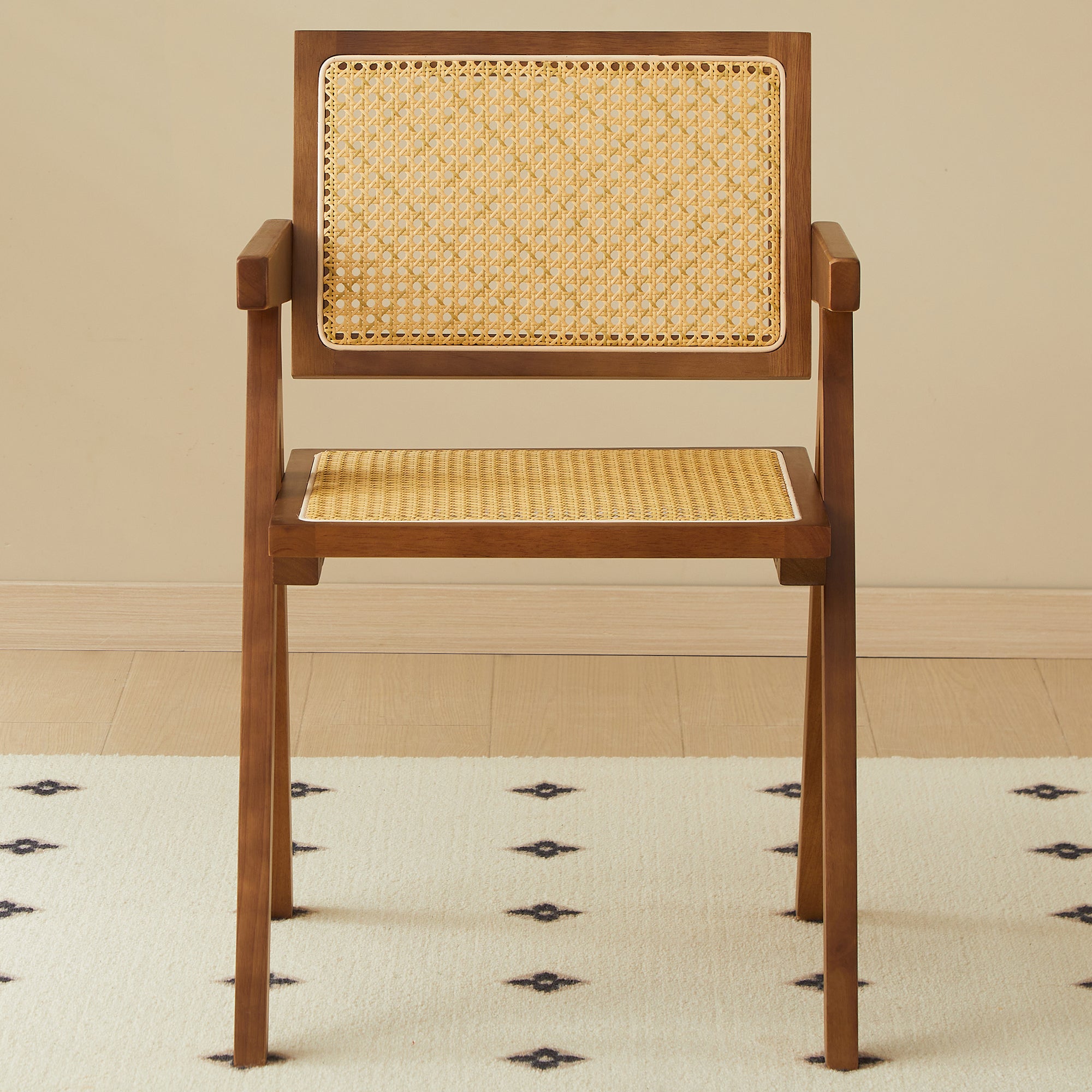Solid Wood Dining Chairs with Armrests - Natural Rubber Wood & Rattan Woven Design for Kitchen, Dining Room, or Outdoor Patio