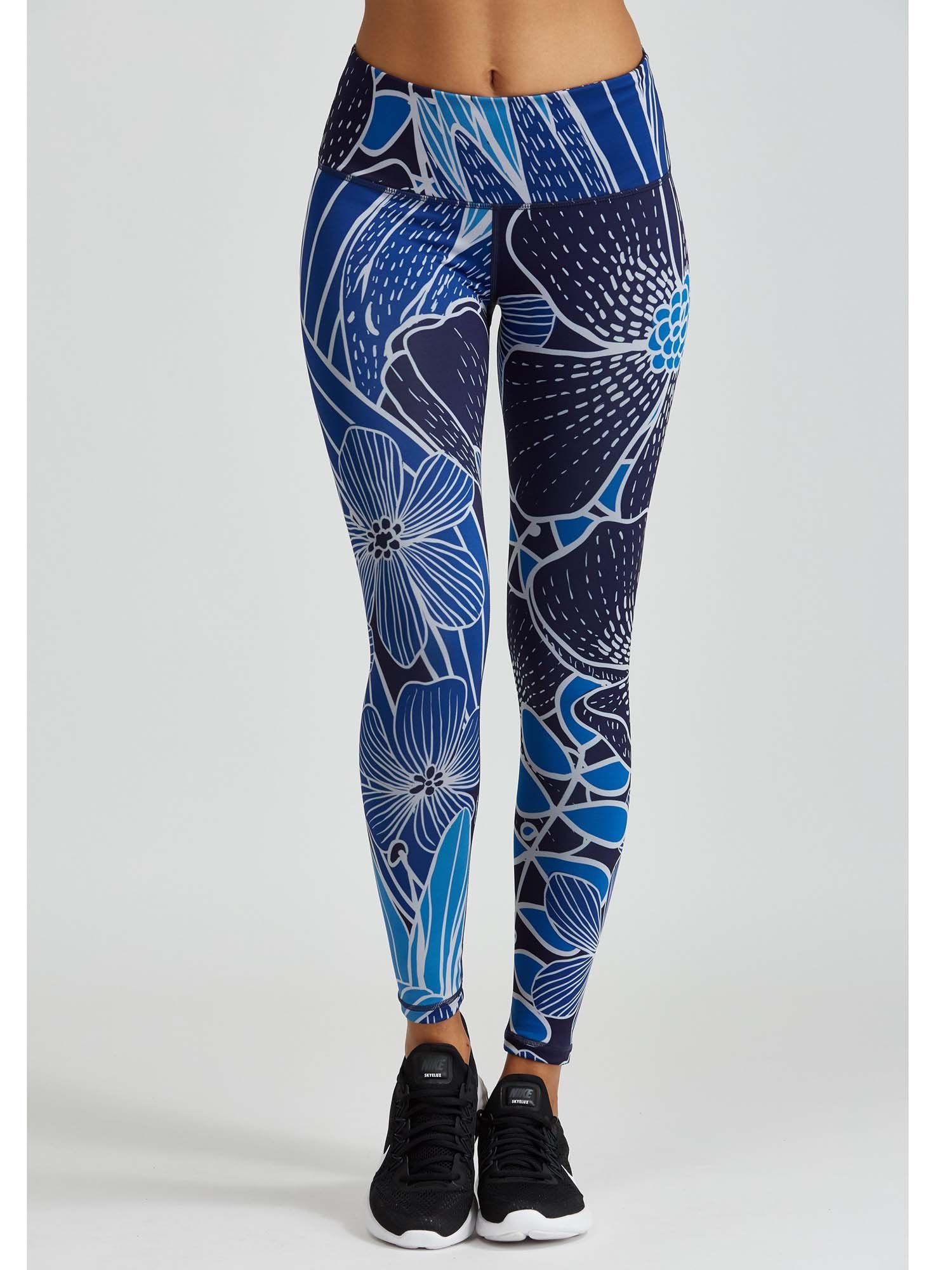 High Waist Women's Performance Leggings - Moisture Wicking Yoga Pants for Running & Workout - Bloom Blue Activewear for Gym, Pilates & Lounge Wear