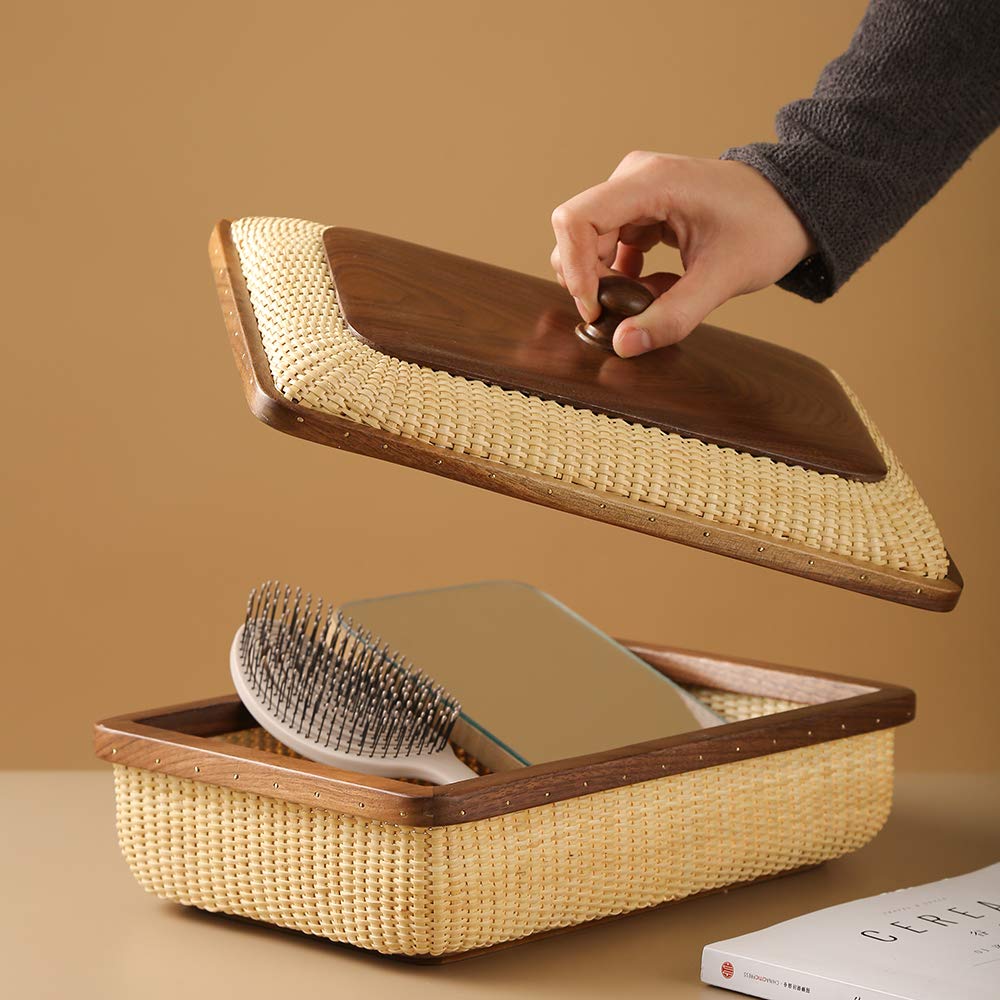 Modern Rattan and Solid Wood Storage Basket - Square Woven Jewelry Box, Fruit Basket for Living Room & Dining Table Decor | Home Organization & Stylish Storage Solution