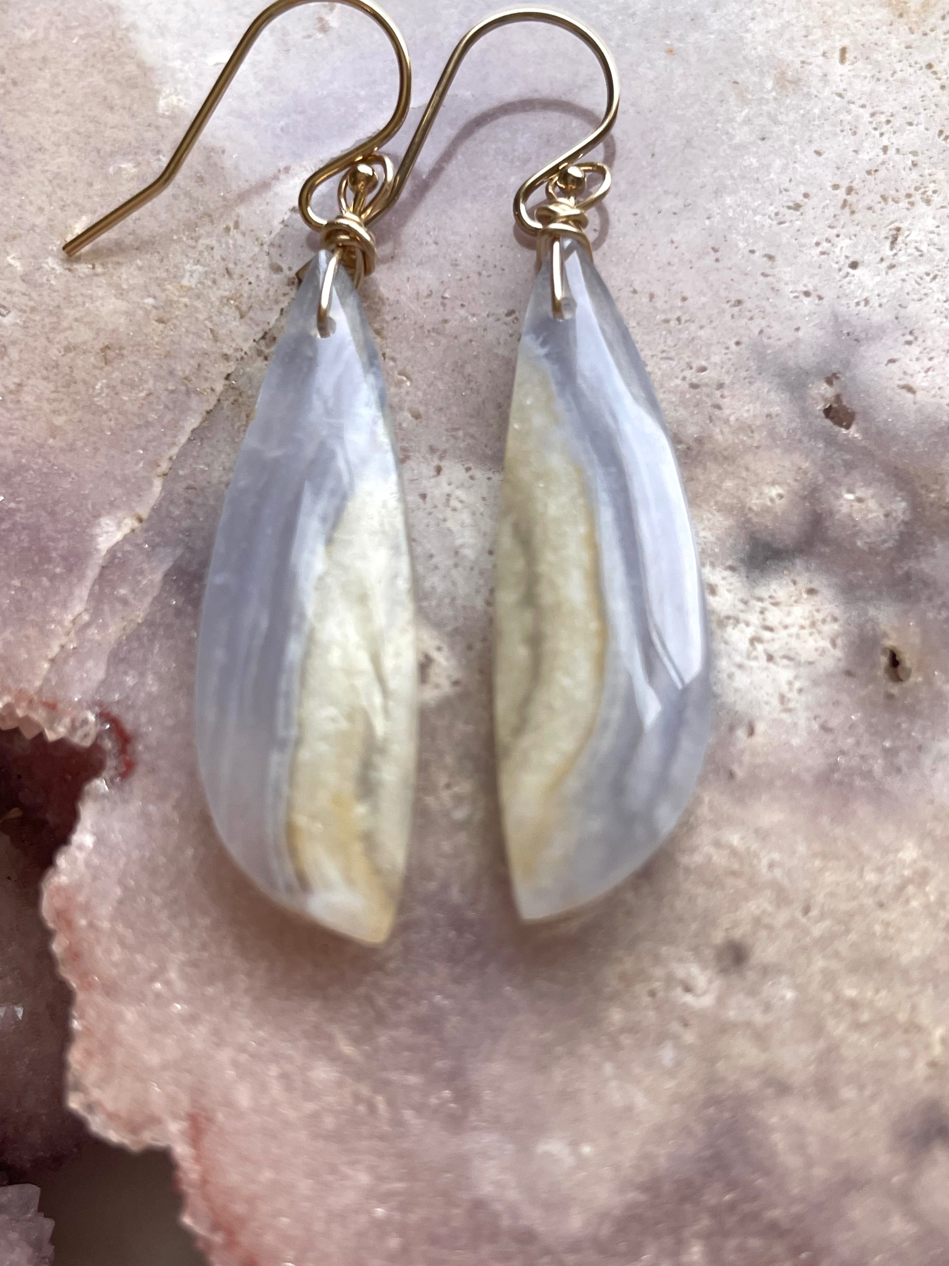 Blue Lace Agate Earrings - 14K Gold Filled Dangle Earrings for Women | Healing Crystal Jewelry Gift for Birthday, Wedding & Everyday Wear