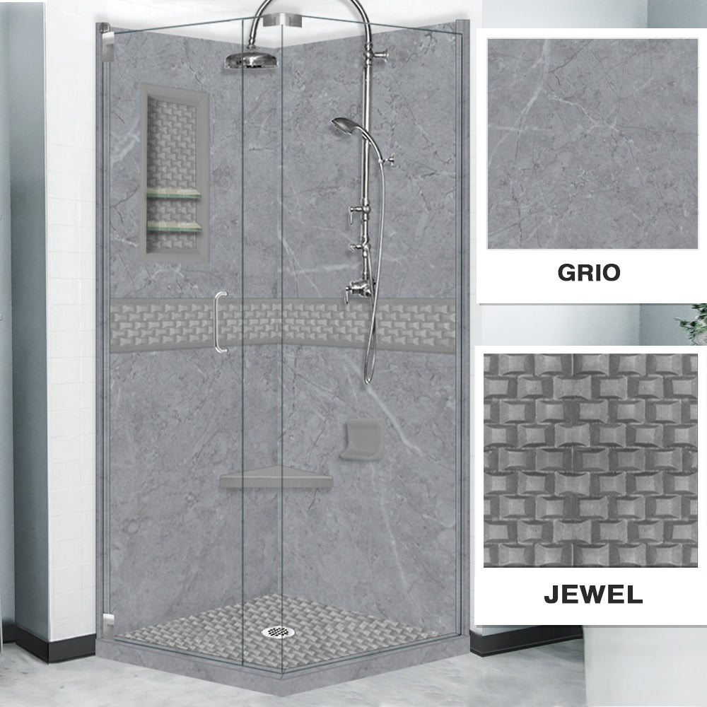 Grio Marble Jewel Corner Shower Enclosure Kit - Waterproof Bathroom Shower Screen with Tempered Glass for Modern Home & Spa Luxury