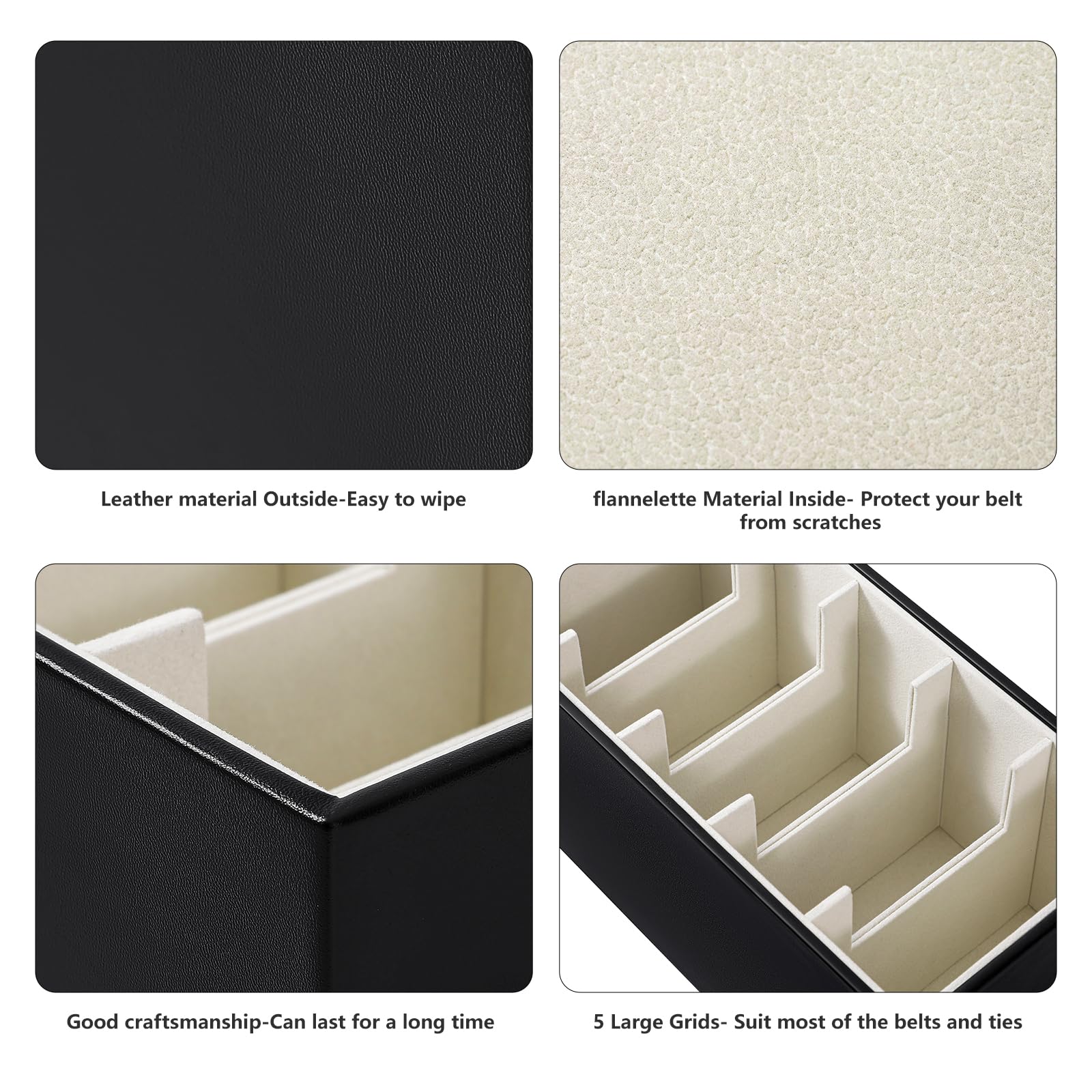 2 Packs PU Leather Belt Organizer - 5 Grids Belt Holder for Men's Closet & Drawer Storage - Black Belt Tie Organizer for Home & Travel Use