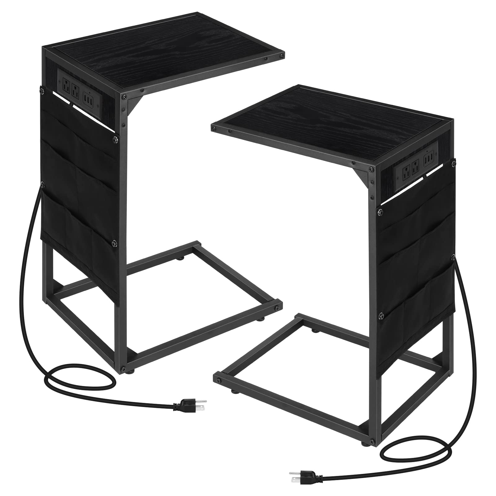Set of 2 Modern C-Shaped End Tables with Built-in USB Charging Station - Snack Side Table, Sofa Sliding Table for Living Room & Bedroom - Space Saving Black Accent Furniture (Perfect for Small Spaces, Movie Nights & Remote Work)