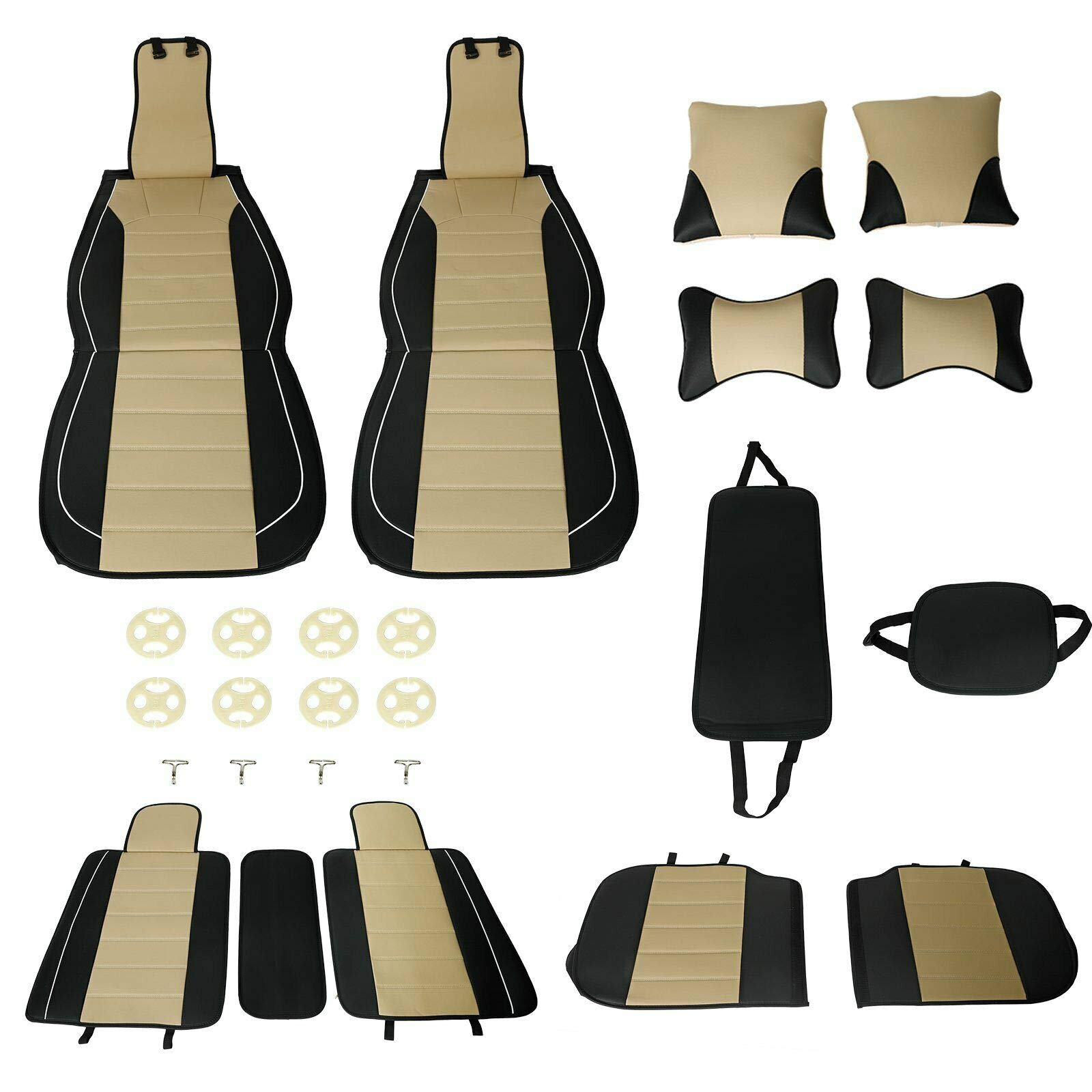 Premium Universal 5-Seat PU Leather Car Seat Cover Set - Front & Rear Cushions with Pillows (Black/Beige) | Waterproof & Anti-Slip Protection for SUVs, Sedans, Trucks | Perfect for Family Road Trips & Daily Commute