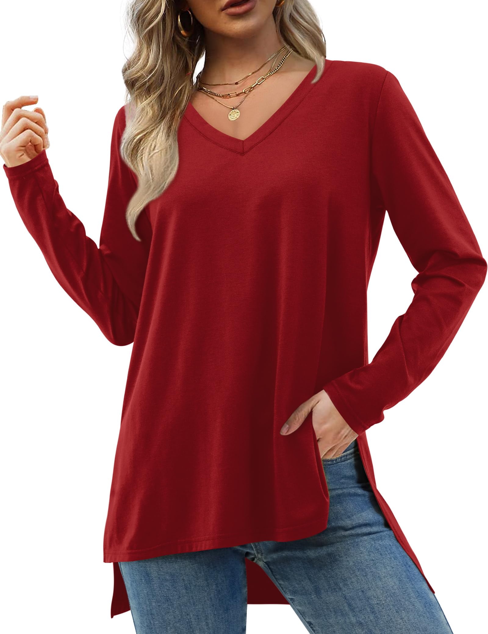 DittyandVibe Women's Long Sleeve V-Neck T-Shirt - Soft Cotton Tunic Top for Leggings | Casual Fall Outfit, Layering Essential, Work & Weekend Wear