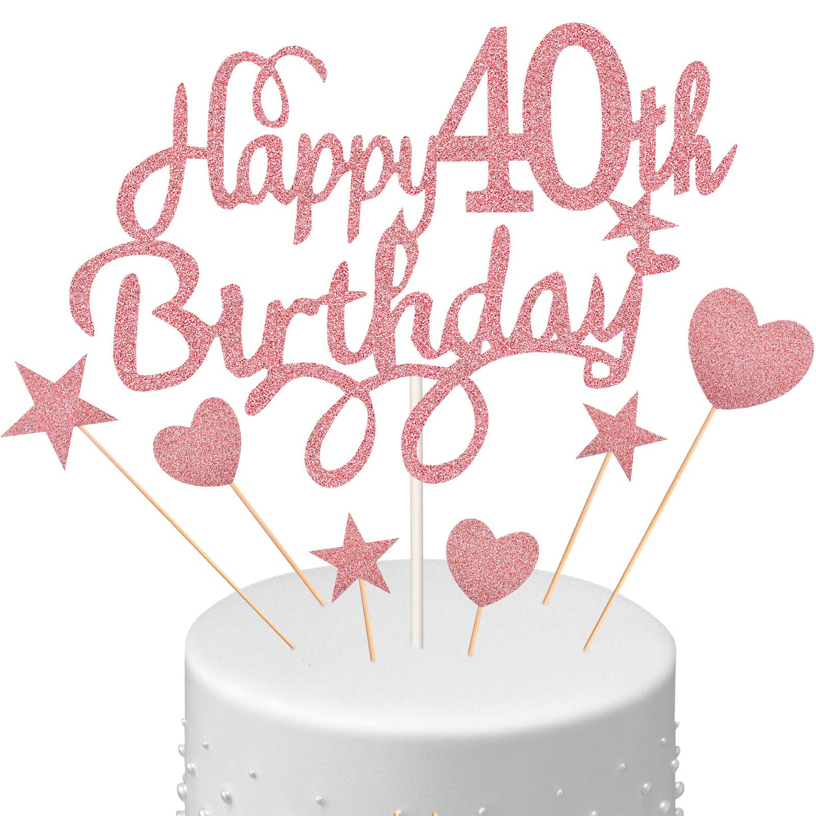 40th Birthday Cake Topper Set - Happy 40th Birthday Decorations with Heart & Star Cupcake Picks, Rose Gold Glitter Party Supplies | Perfect for Birthday Cakes, Cupcakes & Anniversary Celebrations