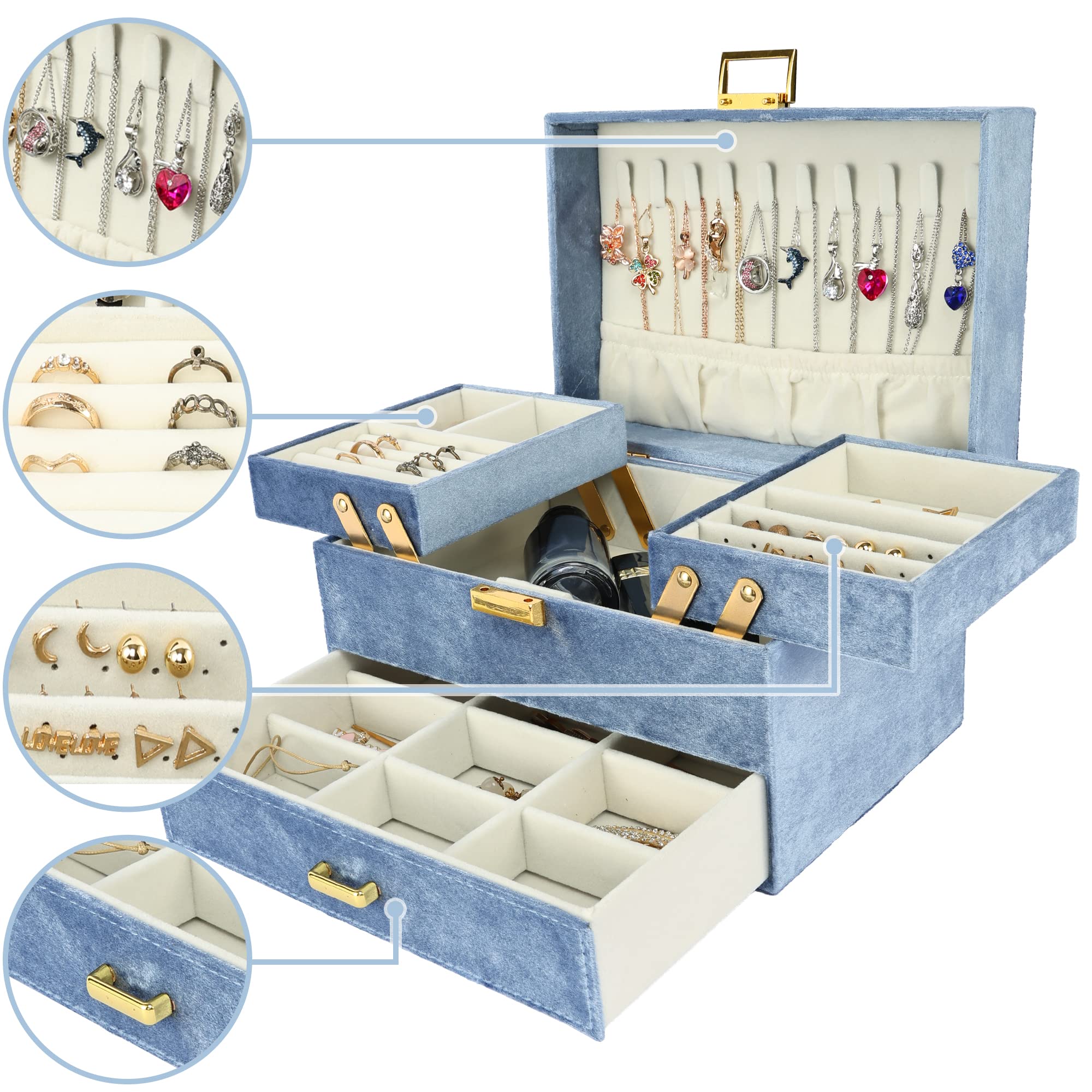 Dajasan Velvet Jewelry Organizer Box for Women - Elegant Jewelry Storage Case for Rings, Necklaces, Bracelets, Earrings & Watches (Blue) - Perfect for Bedroom Vanity, Travel & Gift Giving