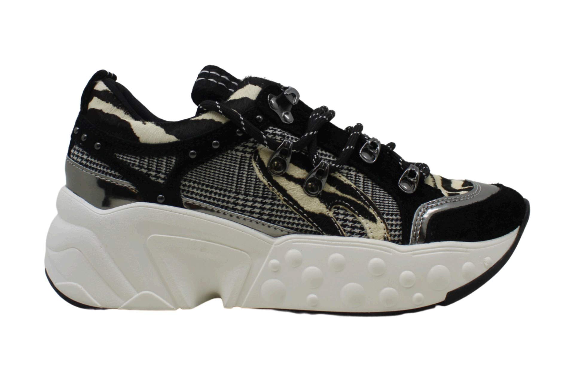 DKNY Women's Black Zebra Gingham Sneakers - Platform Wedge with Metallic Accents & Studded Detailing | Comfortable Athletic Shoes for Casual Wear, Work & Street Style | Size 6.5 M US