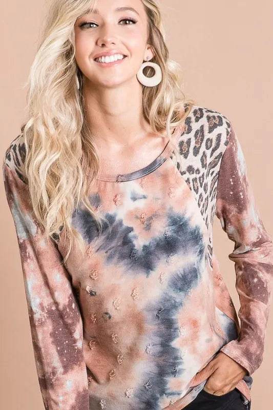 BiBi Tie Dye Distressed Knit Top with Leopard Shoulder - Trendy Women's Vintage Style Sweater for Casual Outings & Streetwear Fashion
