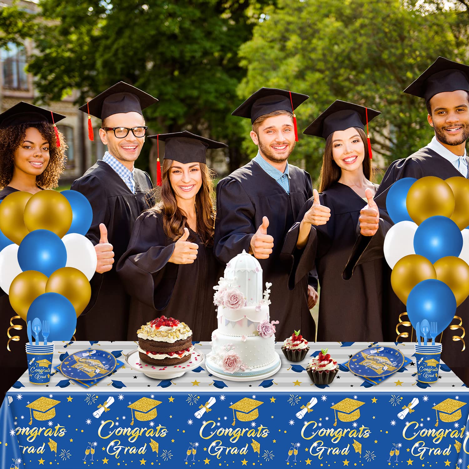 2 Pack Blue and Gold Graduation Tablecloths - 2023 Graduation Party Decorations, Congrats Grad Table Covers for Ceremony & Celebration (Perfect for Graduation Parties, Banquets & School Events)