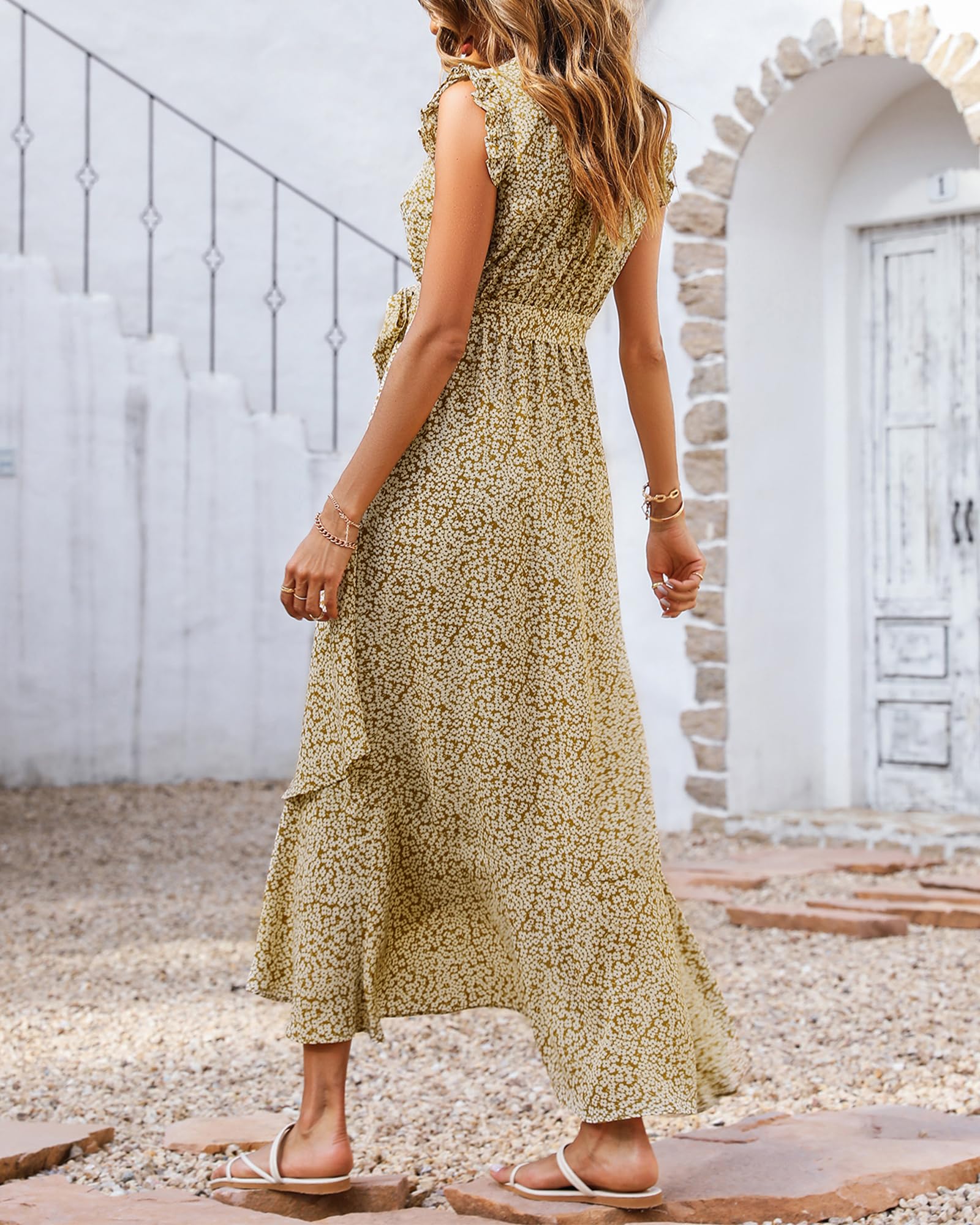 BTFBM Women's Floral Maxi Dress 2025 - V-Neck Ruffle Sleeve Wrap Belt Summer Beach Dress for Vacation, Wedding Guest & Spring Occasions | Perfect for Beach Parties, Bridal Showers and Outdoor Events