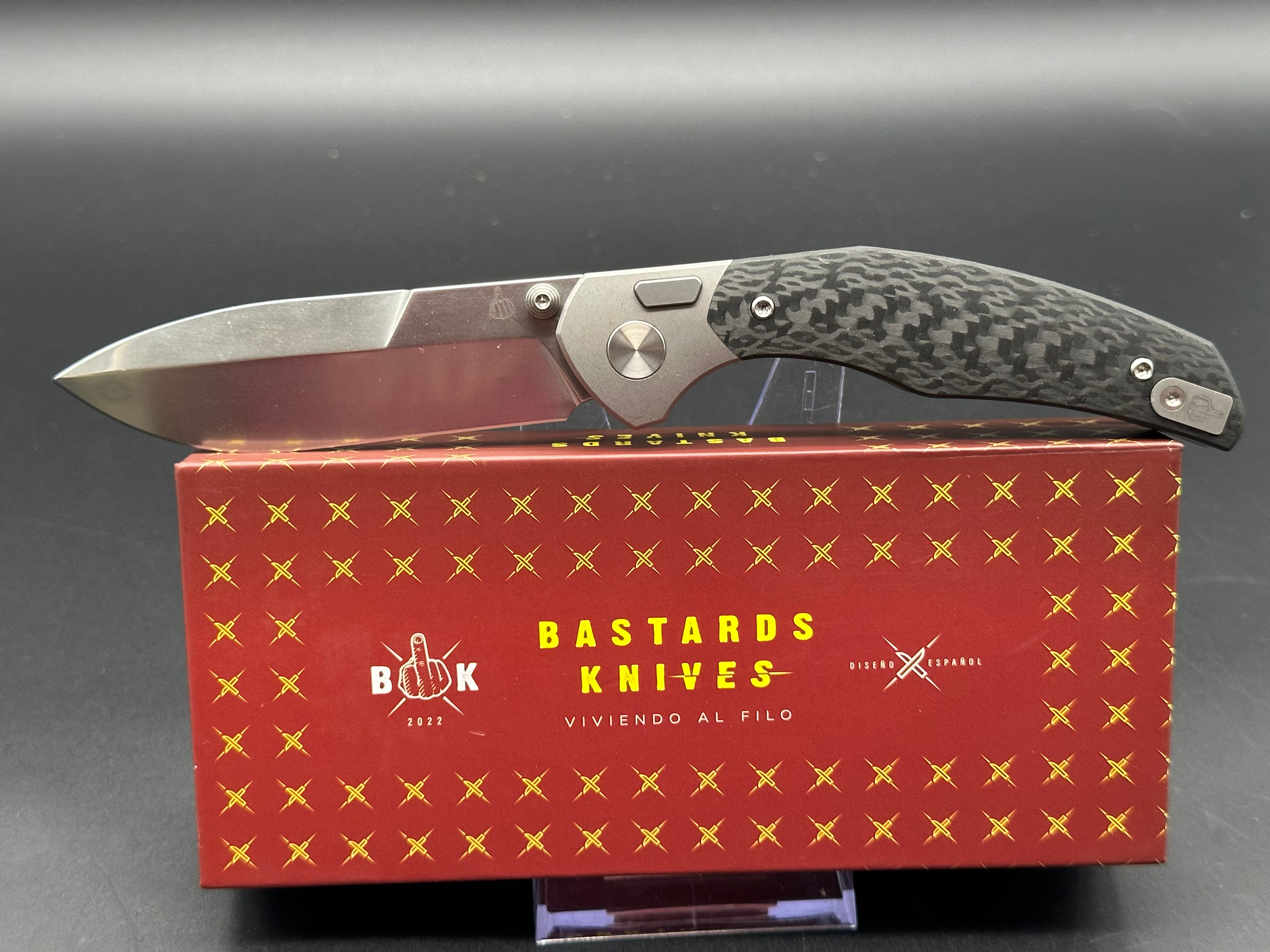 BASTARD KNIVES UTOPIA Button Lock Pocket Knife - M390 Blade, Carbon Fiber & Titanium Handle - EDC Folding Knife for Outdoor, Camping & Everyday Carry