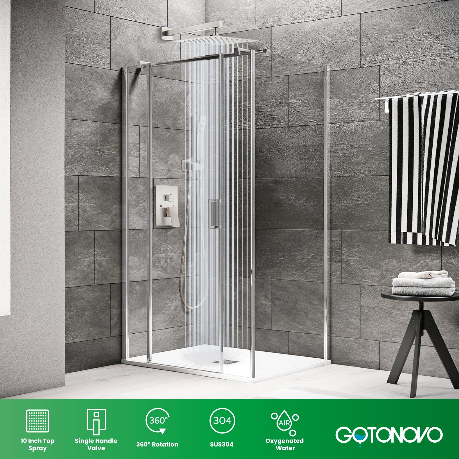 Gotonovo 10 Inch Rainfall Shower System - Brushed Nickel Wall Mounted Shower Head with Pressure Balancing Mixer Valve & Handheld Sprayer - Complete Bathroom Shower Combo for Luxurious Spa Experience at Home