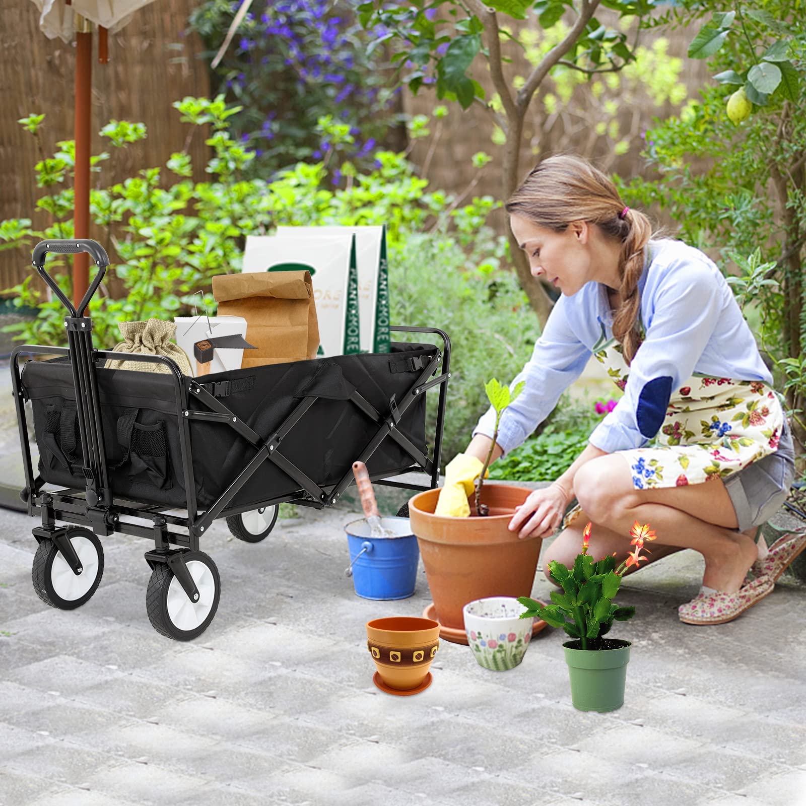 Heavy Duty Collapsible Utility Cart - Folding Wagon with Large Capacity for Shopping, Groceries, Camping & Beach | Portable Outdoor Wagon with 2 Cup Holders & Wheels | Perfect for Garden, Picnics, and Home Use (FW-GT1061-Black)